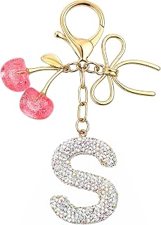 Koythin Rhinestone Initial Keychain for Women, Sparkly Cherry Bow Bag Charm | Crystal Letter Personalized Charm With Cherry Bow, Lightweight Purse Backpack Decorative Key Holder