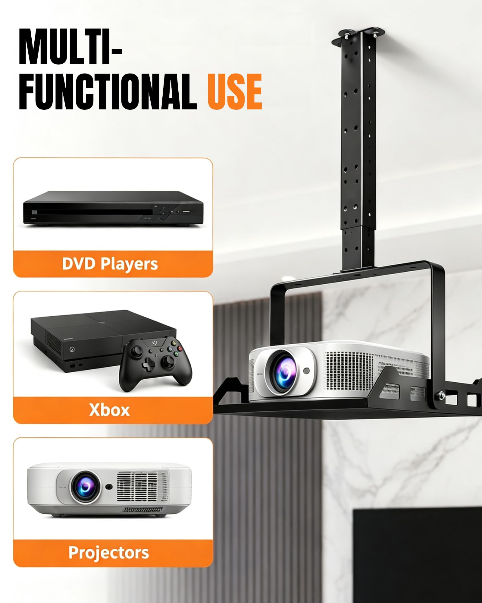 Soporte de techo para proyector, altura regulable y orientable, soporte universal para proyector de techo y pared, soporta hasta 10 kg, con guía de cable oculta, para cine en casa y oficina
