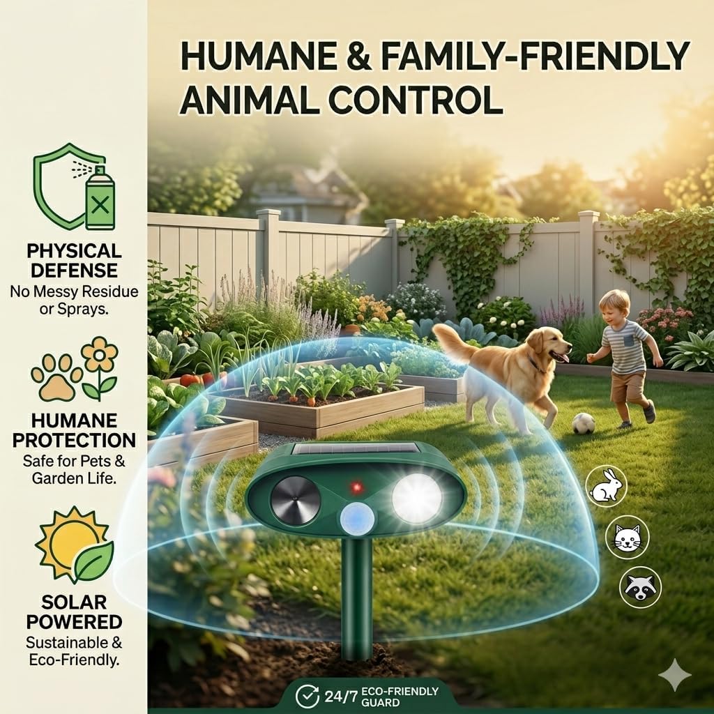 4Pack Sonic Fortress Pro Deer Repellent Devices Squirrel Rabbit Cat Raccoon Fox Deterrent Solar Ultrasonic Animal Repellent Outdoor with Motion Activated Strobe Light for Yard Lawn Garden Protection