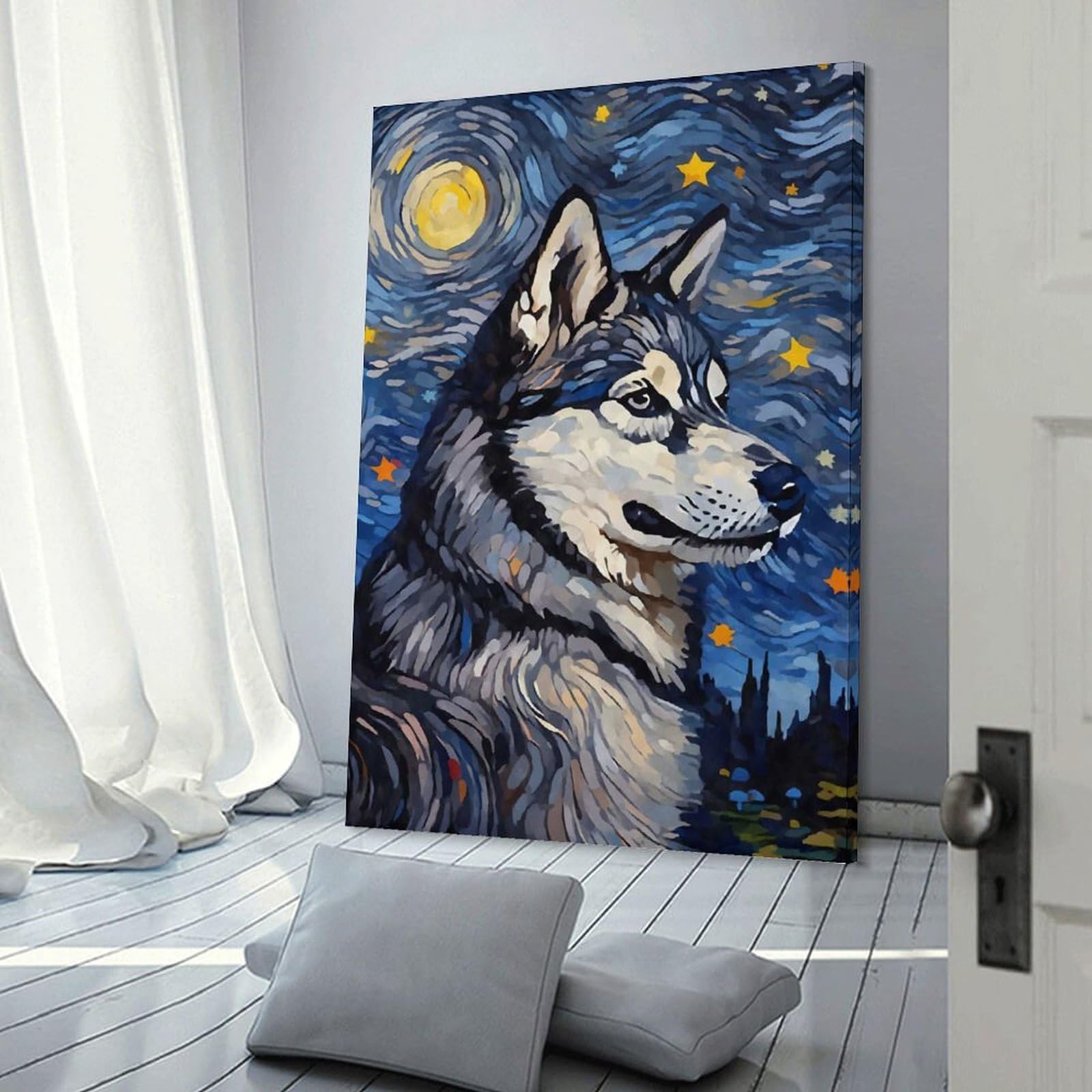 Junmoney Siberian Husky Night Canvas Wall Picture, 24x36inch(60x90cm), for Wall Displays, Bedrooms Or Room Updates, Wall Decor Suited to Curated Displays