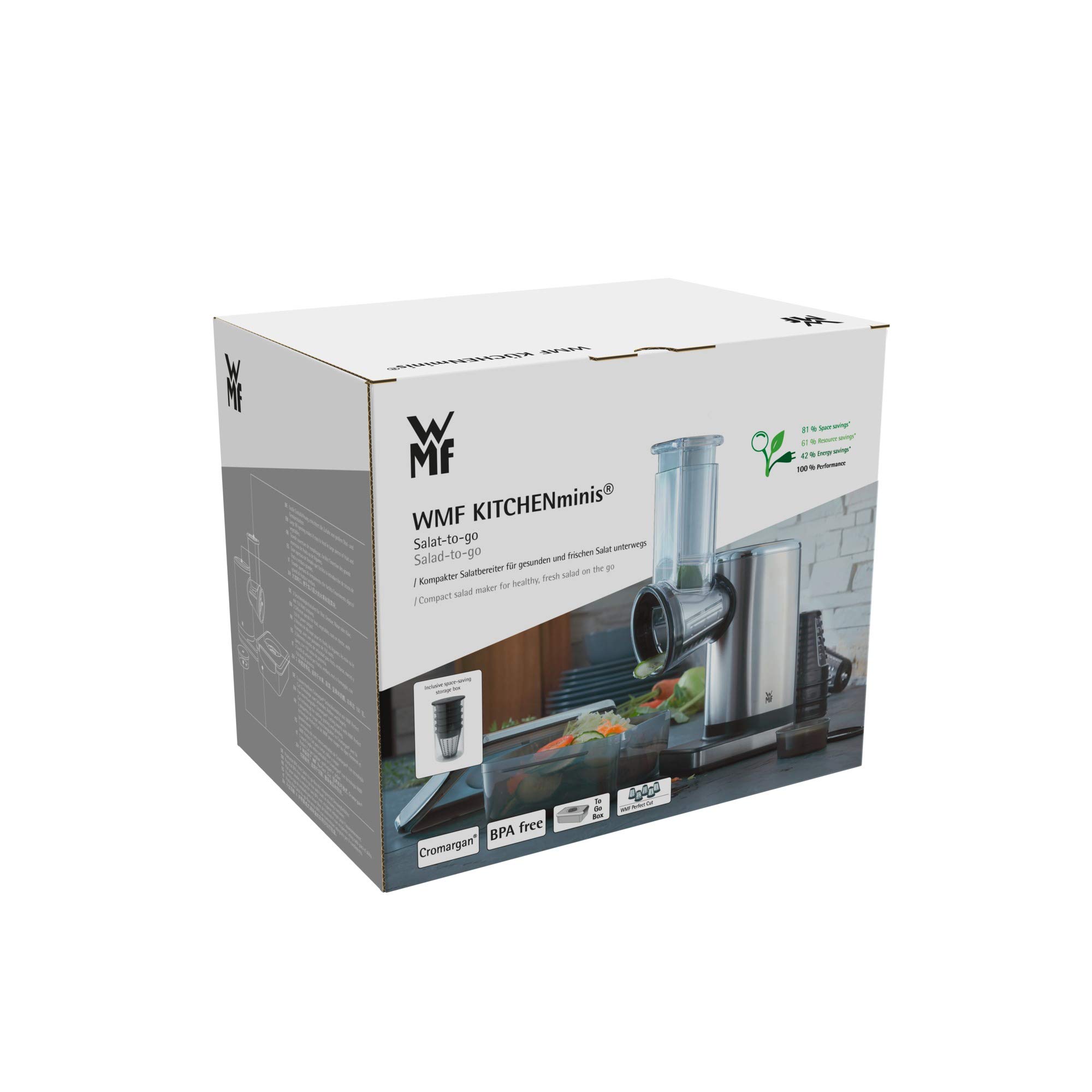 WMF Kitchenminis - Rallador Eléctrico con Accesorios Salad-To-Go, 150 W, Cromargan, 2 Velocidades, Negro/Plateado