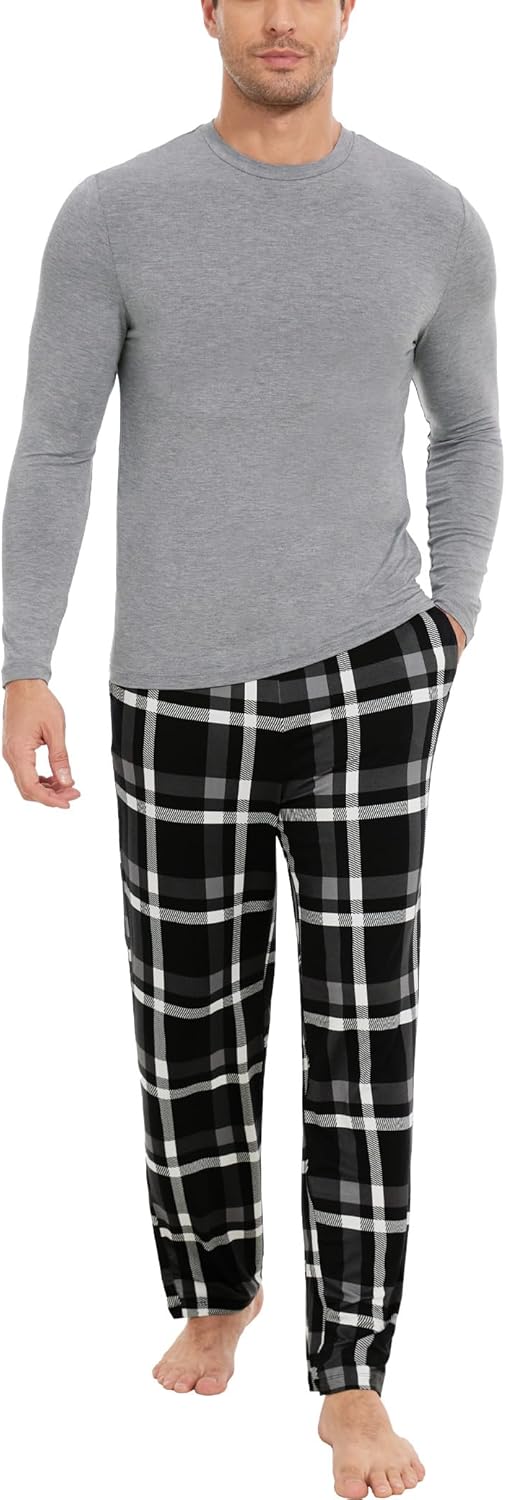 GYS Bamboo Viscose Men's Pajama Sets Long Sleeve Plaid Loungewear Sets with Pockets