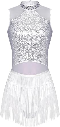 ranrann Womens Latin Dance Dress Mesh Fringe Salsa Cha-Cha Rumba Ballroom Dance Costume Cocktail Dress