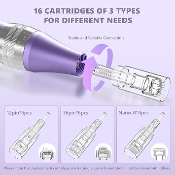 Professional Wireless Microneedling Pen Derma Pen with 16 Replacement Cartridges 5 Speeds Adjustable Micro Needling Microneedle Machine for Skin Care (Purple)