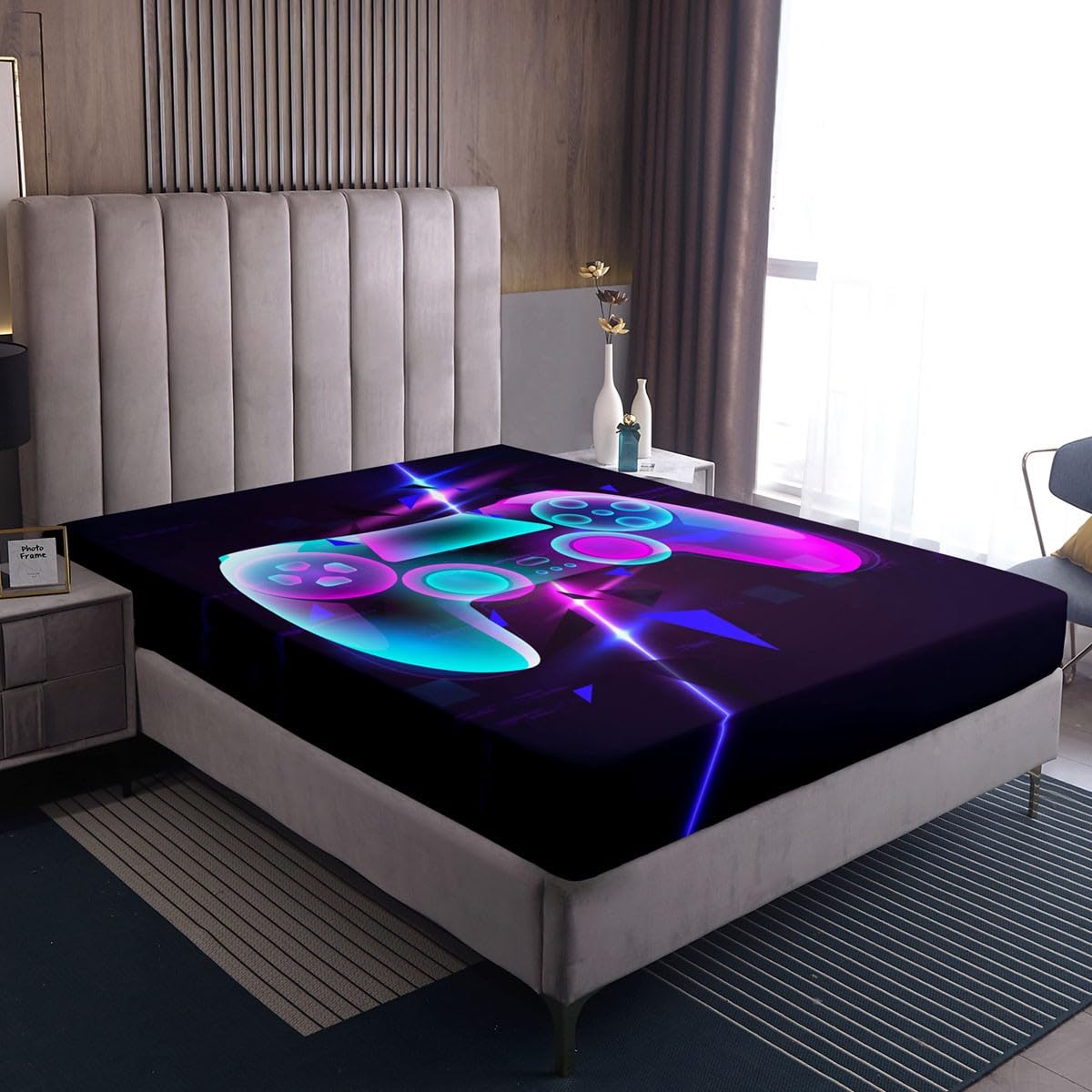 Drap housse gamepad 140x200 cm violet et teal pour lit d'enfant thème jeu vidéo