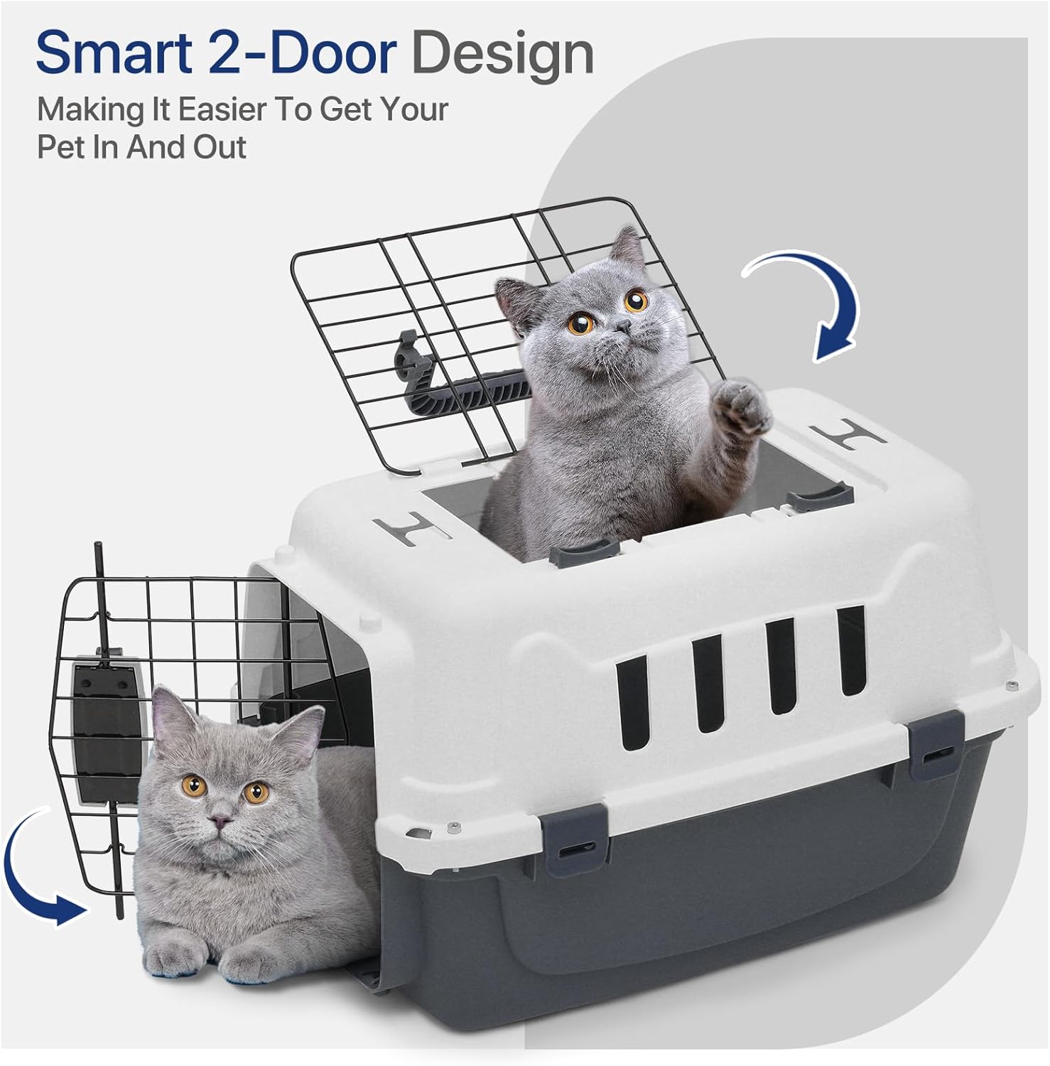 18 Inch Hard-Sided Plastic Dog Carrier 2 Door Travel Crate for Small Dogs Cats up to 10 lbs, Durable Handle, Security Lock Design, Gray