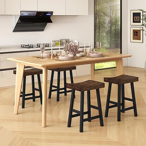 Miniatura 8 de GOFLAME Juego de 4 taburetes de bar de 24 pulgadas, taburetes de bar industriales con asiento de sillín, marco de madera maciza y reposapiés, sillas