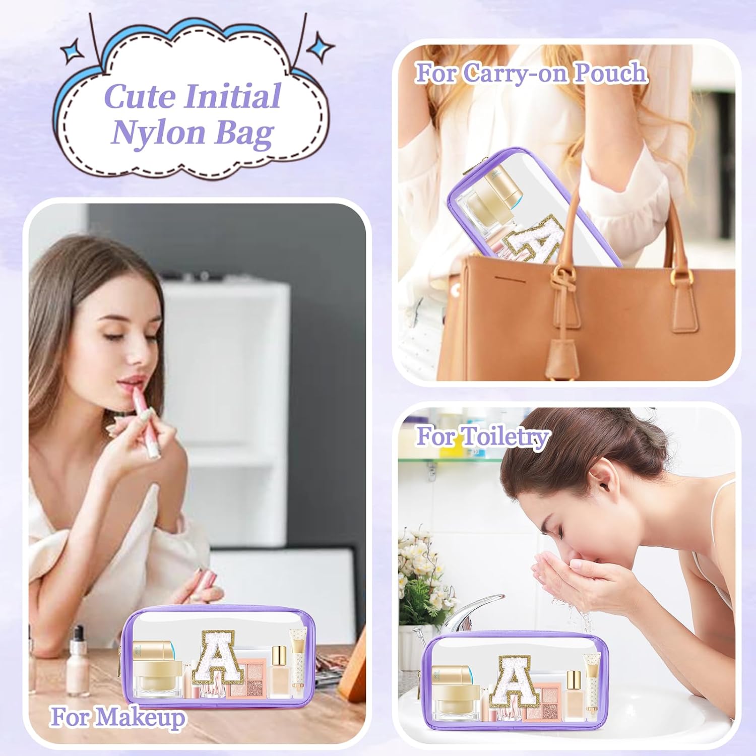 Small Clear Personalized Initial Makeup Bag,Nylon Preppy A-Z Chenille Letter Patch Cosmetic Pouch Beach Toiletry Bag,Waterproof Zip Travel Purse Storage Bag Organizer for Women Girls(Purple-White A) image 5