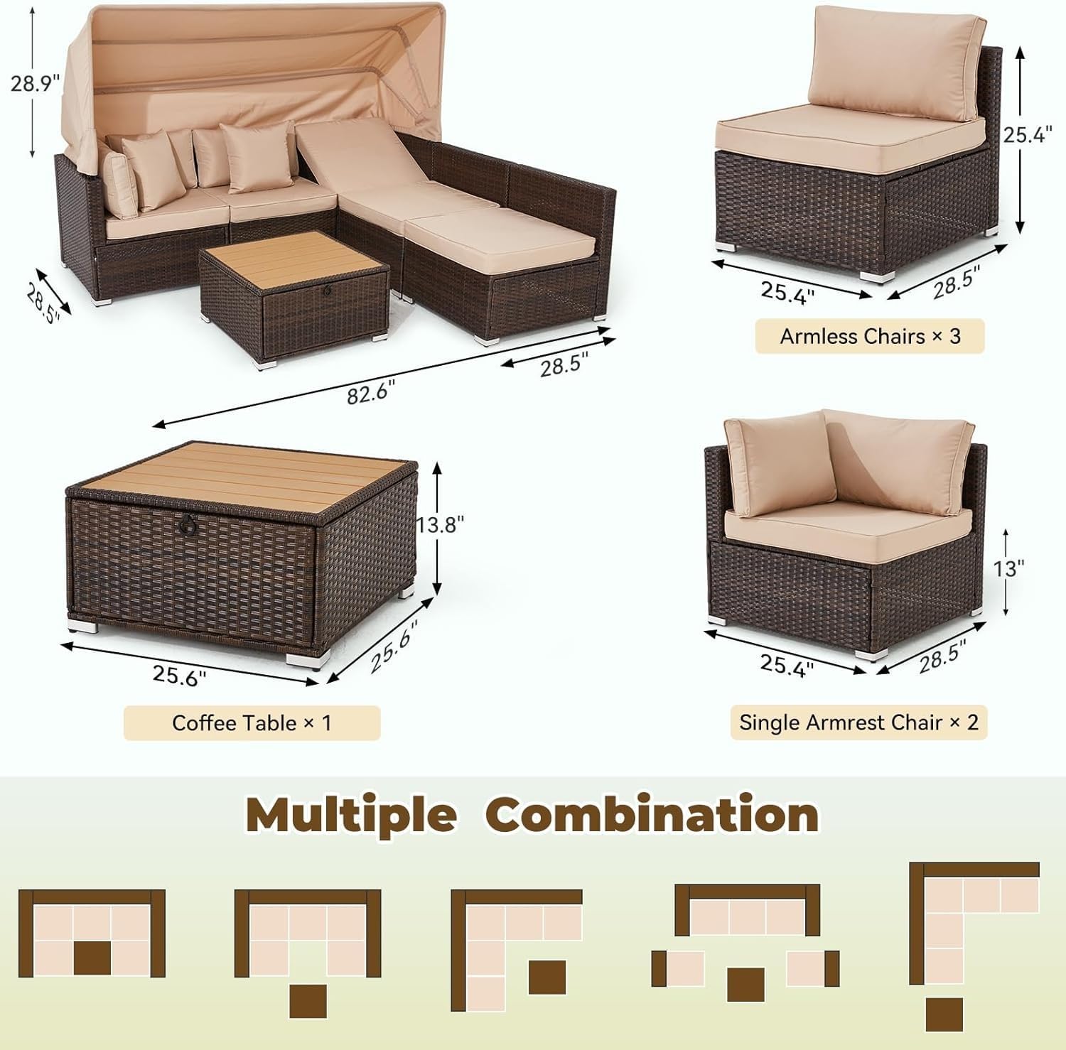6 Piece Outdoor Patio Furniture Set with Sectional Sofa and Retractable Canopy, Adjustable Backrest Patio Conversation Sets for Backyard, Deck, Garden Lounge Seating