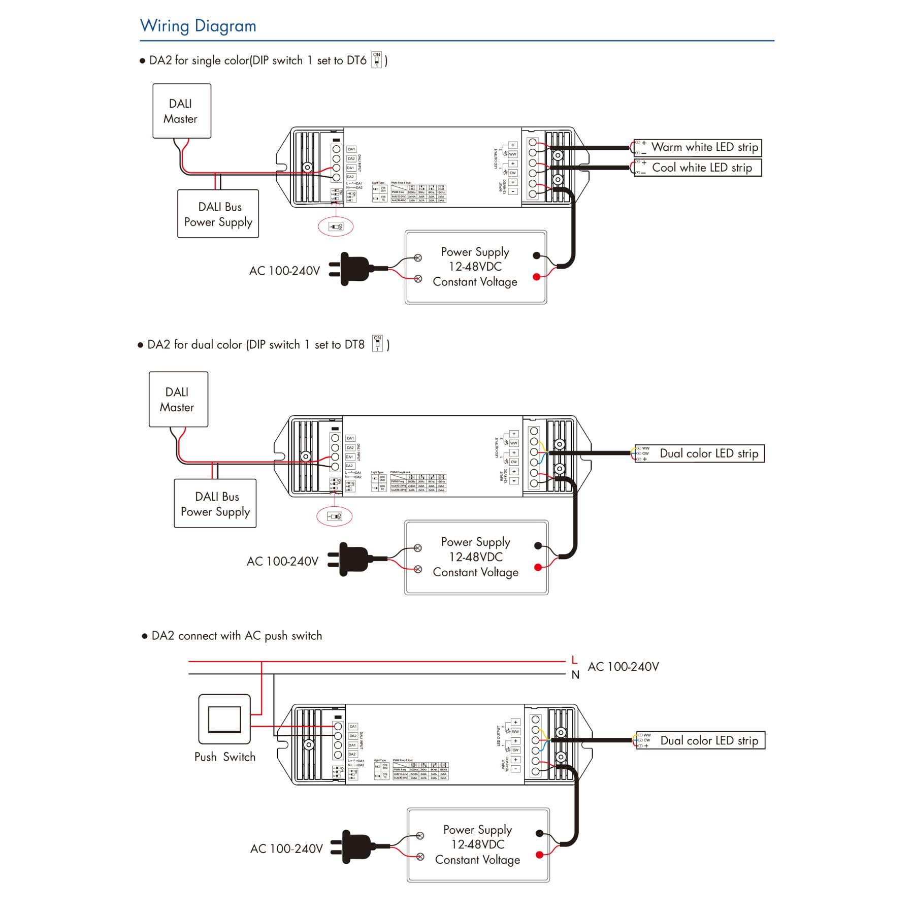 DALI - Regulador LED de 2 canales, regulable con botón NO, AC Push Dim, DALI-2, PWM, DT6 DT8 para tira LED monocolor CCT 12 V 24 V 36 V 48 V, 2 x 10 A @ 12 V/24 V, 2 x 8 A @ 36 V/48 V