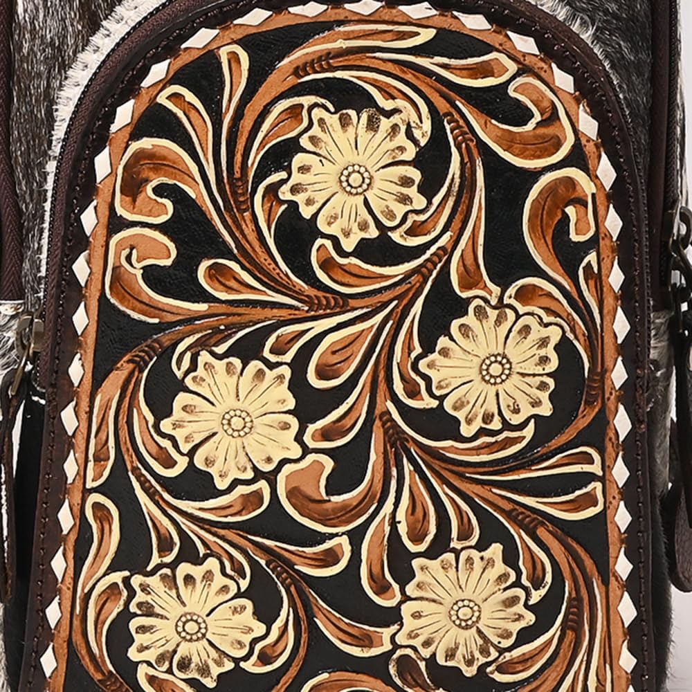 American Darling Hand Tooled Floral Carved Hair-On Cowhide Sling Bag Eco-Friendly Genuine Leather Western Crossbody