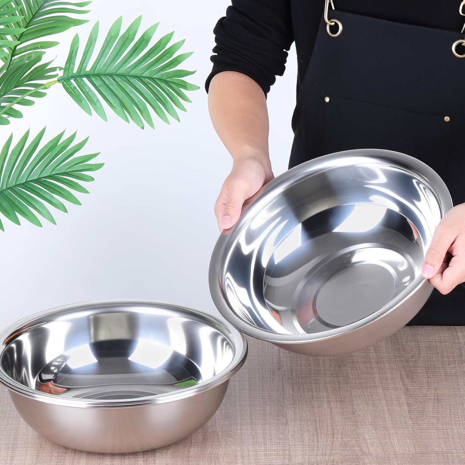 4 Pcs Stainless Steel Mixing Bowl Nesting Metal Prep Salad Bowl Extra Large Basin Salad Basin with Deeper Edge, Mirror Finish for Home Cooking or Commercial, Dishwasher Safe, Silver (13 Inch 8 Qt)