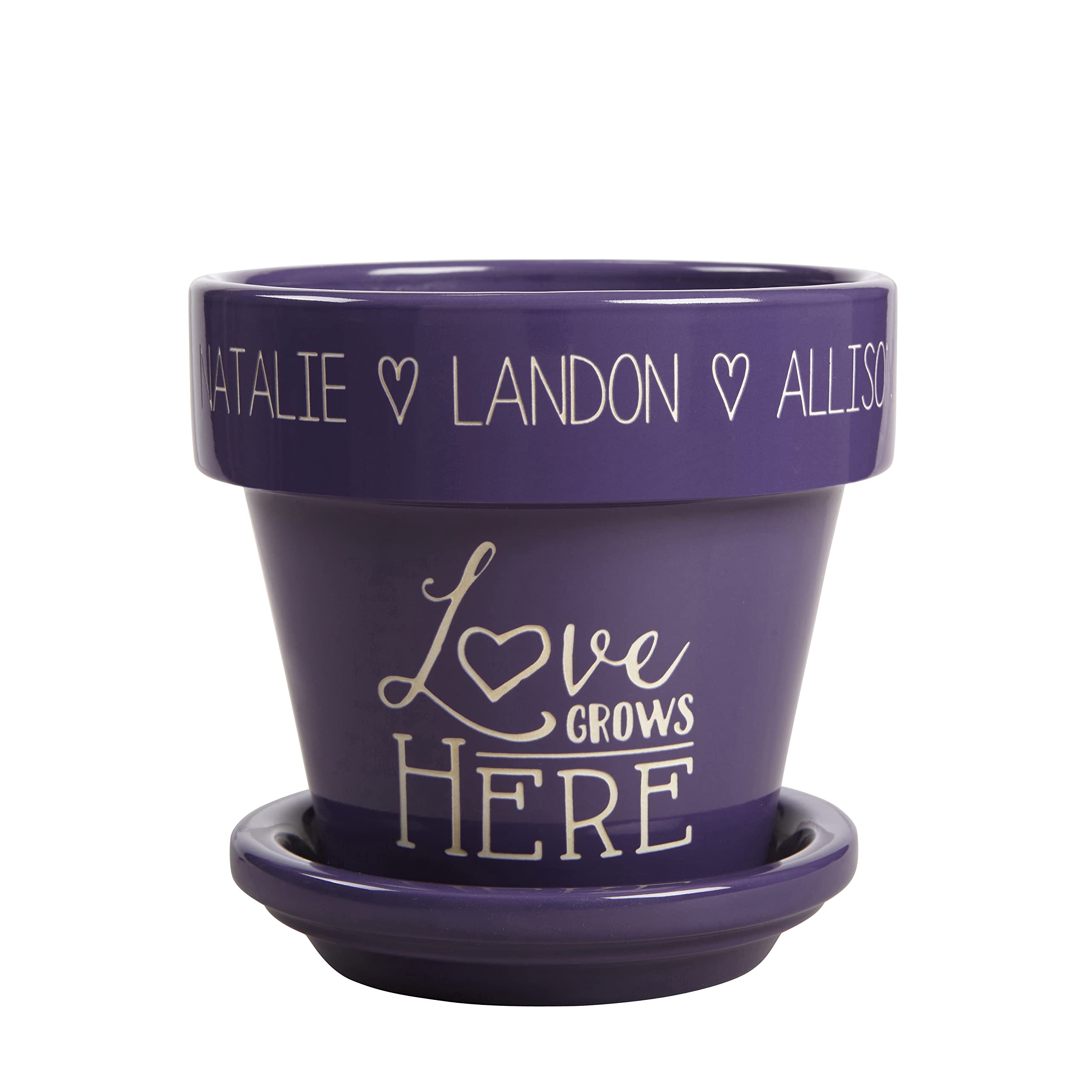 Personalization Universe Love Grows Here Personalized Flower Pot - Durable, Weather Resistant Indoor/Outdoor Plant Pot with Saucer, Ceramic - Mother's Day, Grandparent's Day, 5.25