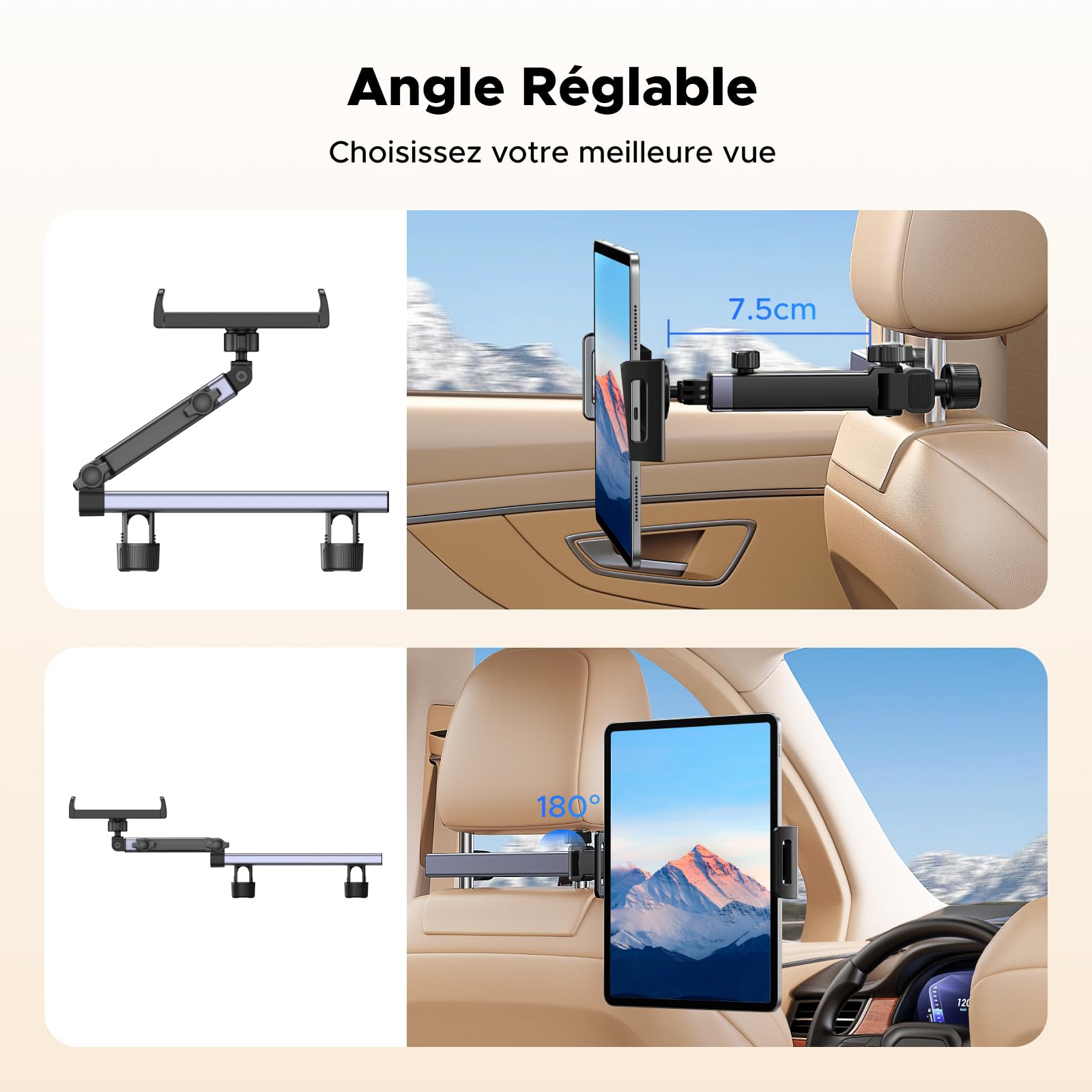 UGREEN Support Tablette Voiture Extensible Porte Accroche Tablette Voiture Tête 360°Rotatif Support de Siège Auto 4,7 à 9,8 Pouces Compatible avec iPad Air Pro Mini 2024 Galaxy Tab A9 S9 Switch
