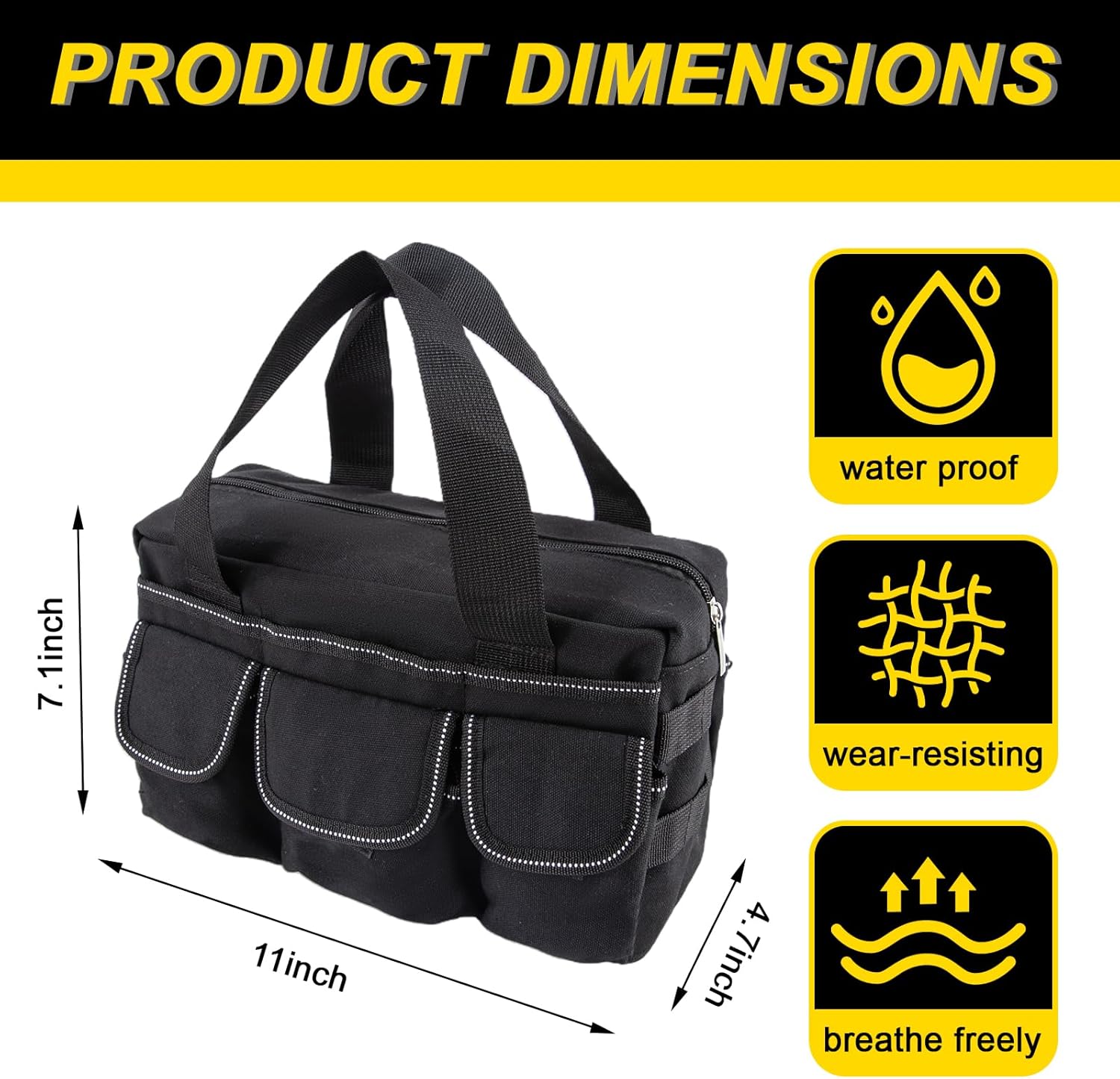 Small Tool Bag, Tool Bag Organizer with External Pockets, Black Canvas Soft Toolbag 11-Inch for Storage Screwdrivers, Wrench, Pliers Hand Tools