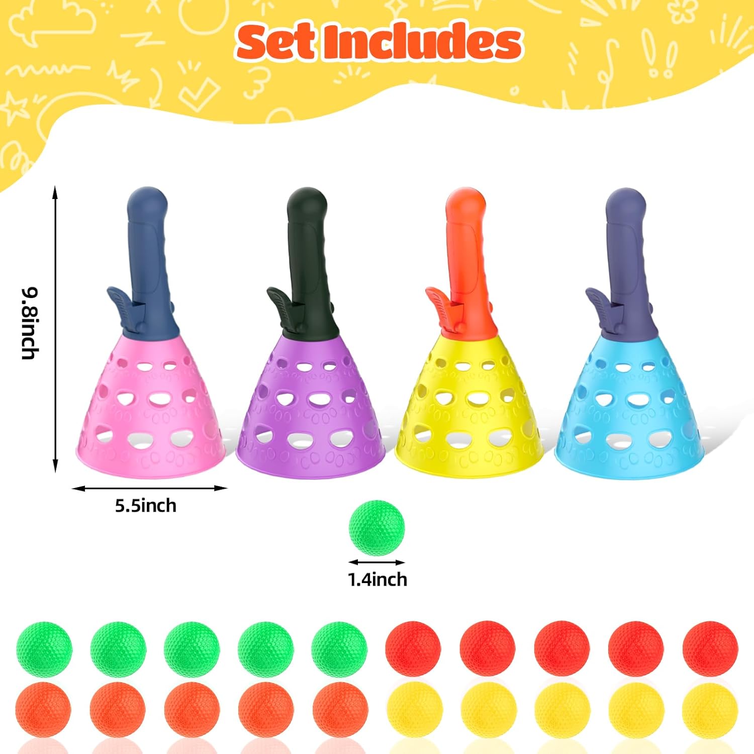 Pop and Catch Ball Game, Outdoor and Indoor Ball Toss Game for Kids 4-12, 4 to 8 Launchers in 4 Colors with 10 Balls Each Pair for Toy Activity and Play Balls