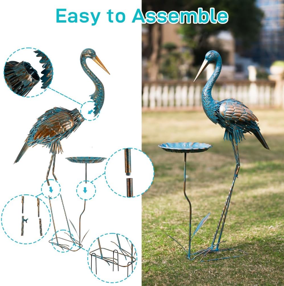Garden Crane Statues 39" Blue Heron Metal Yard Art Outdoor Decoration, Extra Large Sculptures Lawn Ornament with Birdbath