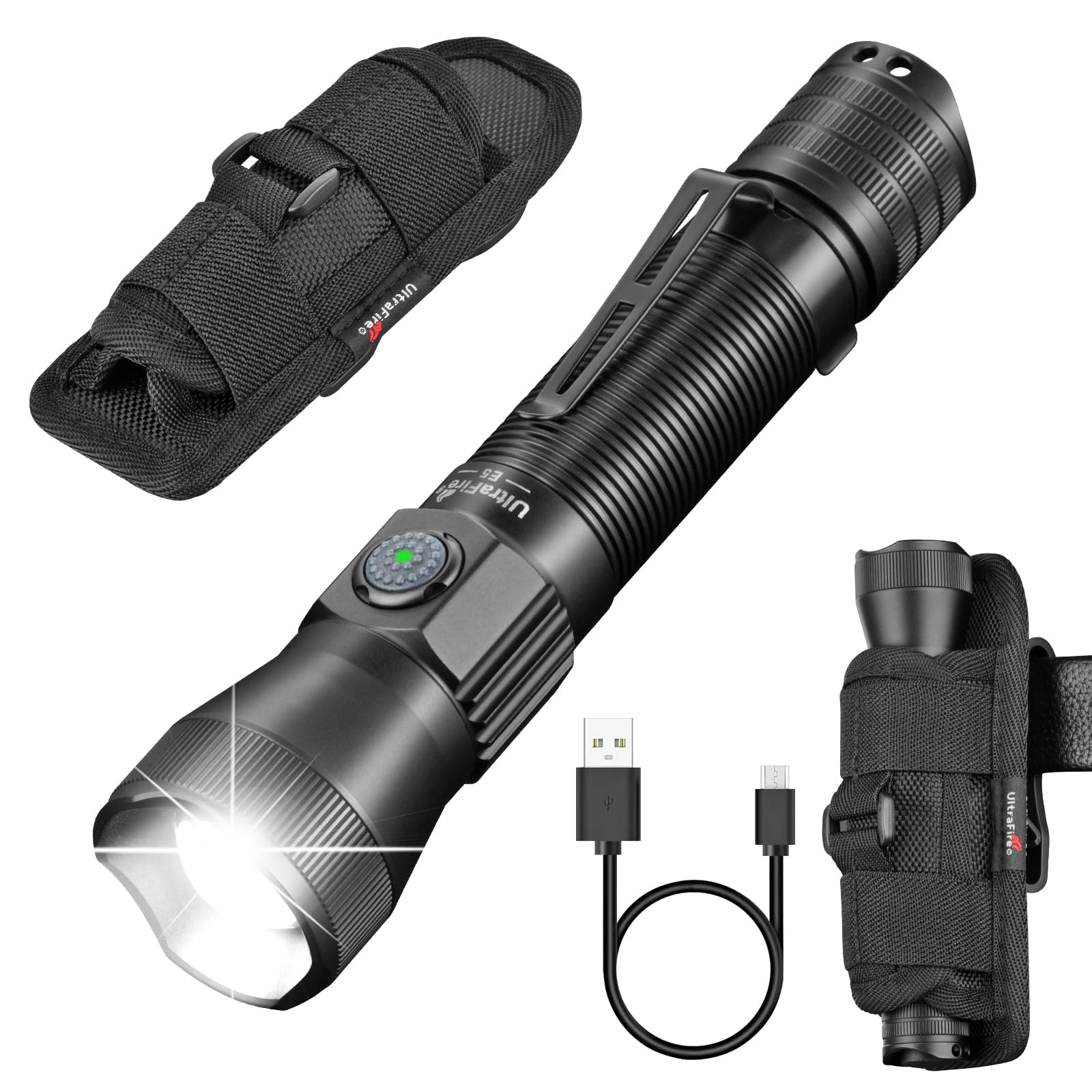 Ultrafire Matte Black Rechargeable Tactical Torch With Holster Pouch, 1350 Lumen Zoomable Led Torch, 6 Modes Police Torch With Belt Holster For Law Enforcement/Security/Patrol/Search/Camping, E5