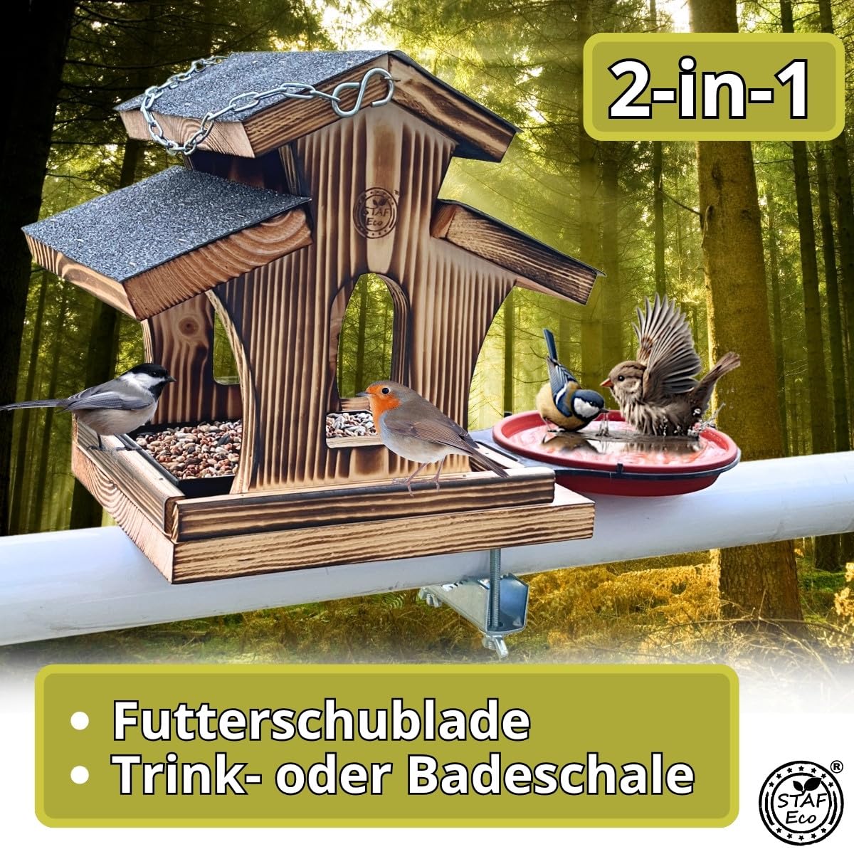 Vogelhaus Balkon Vogelfutterhaus mit 2 x Balkonhalterung und wetterfestem Holz, Vogelhäuschen, Vogelfutterspender Deck Vogelfutter Spender für draußen, Vogeltränke (Vogelhaus2)