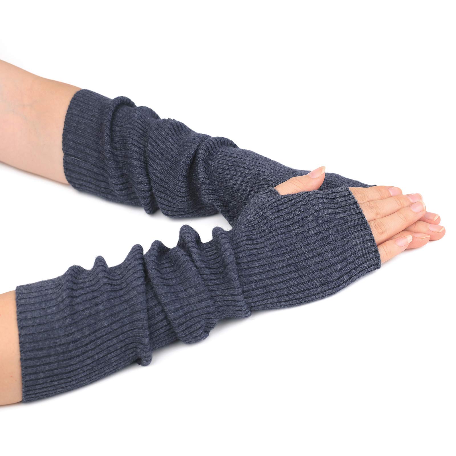 Zeltauto Women's Dark Grey Knit Elbow Length Arm Warmer Thumb Hole Fingerless Glove (Dark Grey)(Size: M)