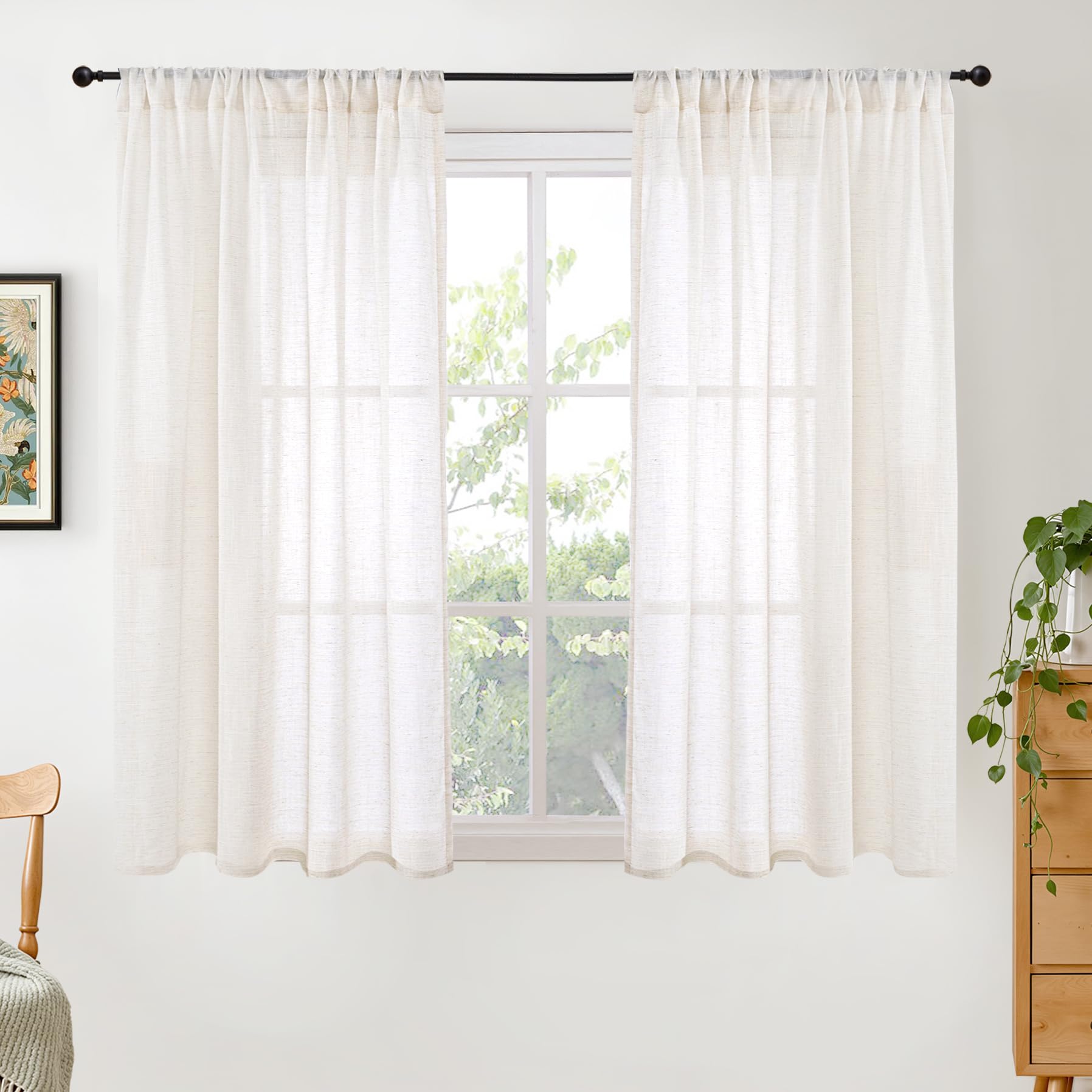 BGment Short Linen Curtains 54 Inch Length for Living Room - Rod Pocket Light Filtering Drapes Semi Sheer Textured for Bedroom Country Decorative