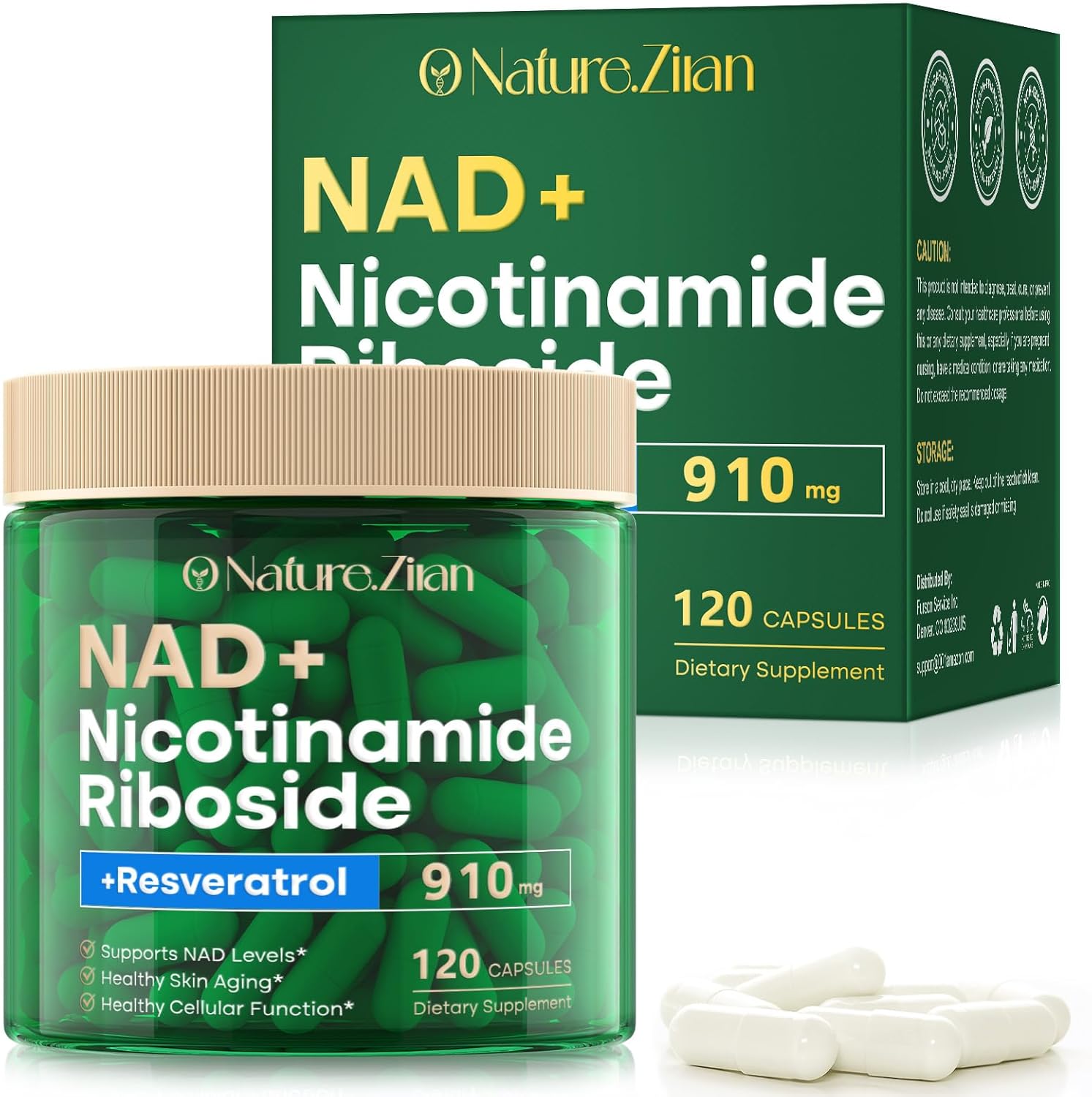 O NATURE . ZIRAN NAD Supplement, NAD Nicotinamide Riboside 910 Mg for Men and Women, Liposomal Nicotinamide Riboside Resveratrol, for Anti-Aging, Energy, Focus, Boost NAD+ - 120 Capsules