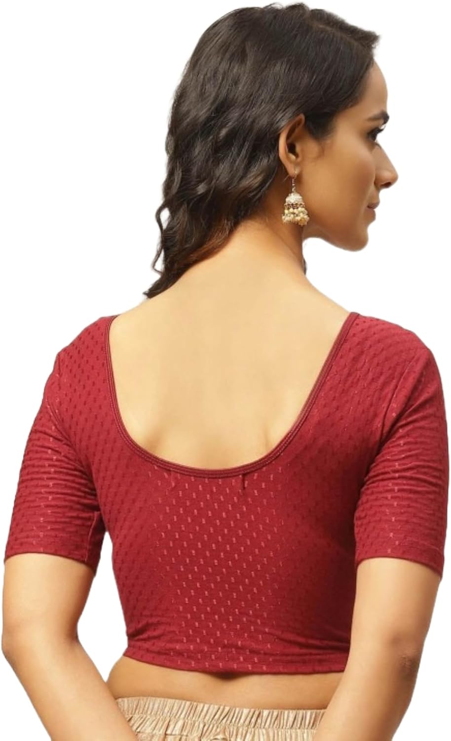 Round Neck Pure Dobby Cotton Stretchable Elbow Sleeve Readymade Saree Blouse for Women Stylish (208_lightmaroon_3XL) - Image 2