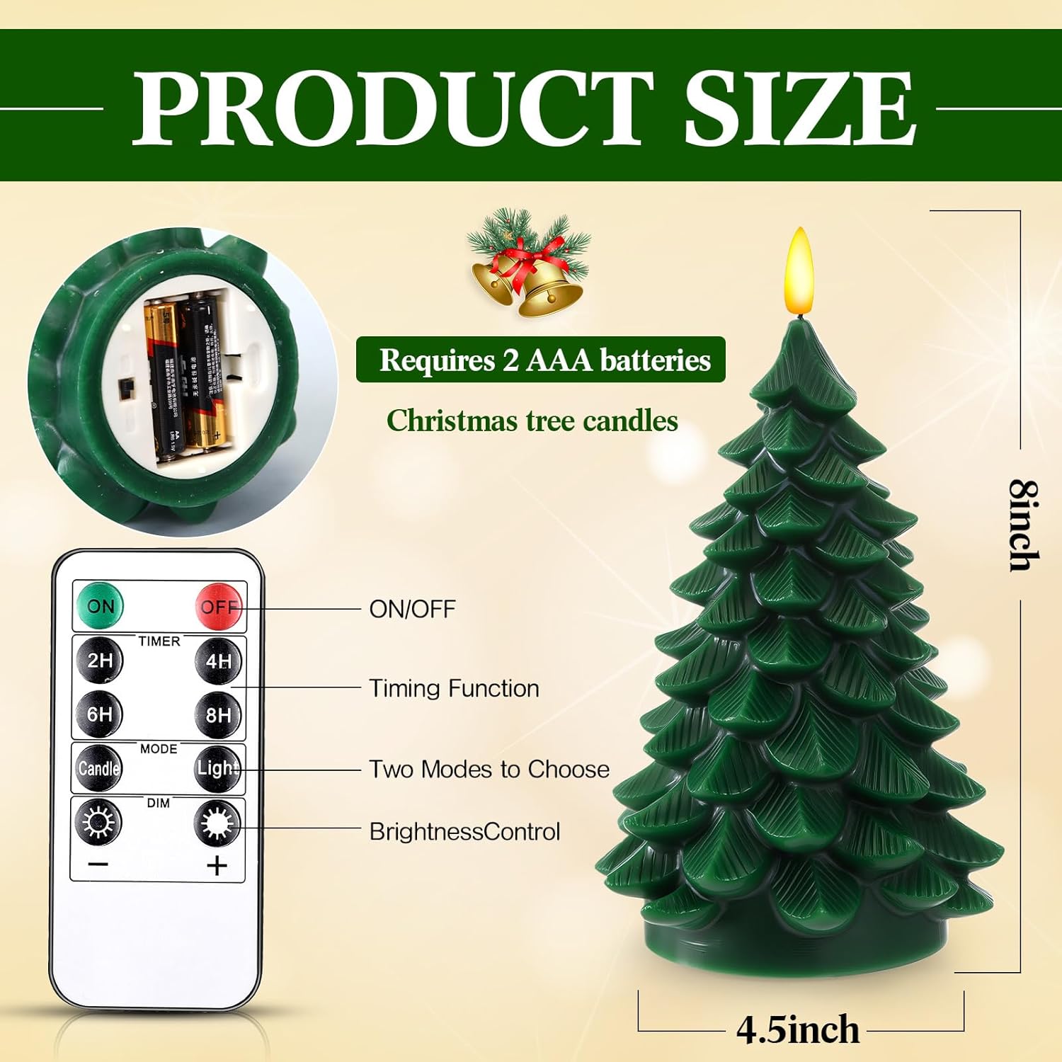 Aurelema 2 Pack 8" Large Christmas Tree Flameless Candle with Remote Timer, Large Real Wax Battery Operated Pillar Candle, 3D Wick LED Flickering Candles for Xmas Party Home Dinner Decor (Green)