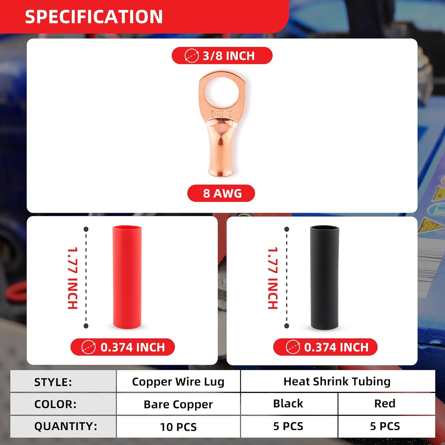 RED WOLF BS6050 50A Amp Circuit Breaker W/Manual Reset Switch DC 12-48V for Car Audio RV Marine w/10 Pack 8 Gauge x 3/8" Copper Wire Ring Terminals Connector Lug W/3:1 Heat Shrink Tubing