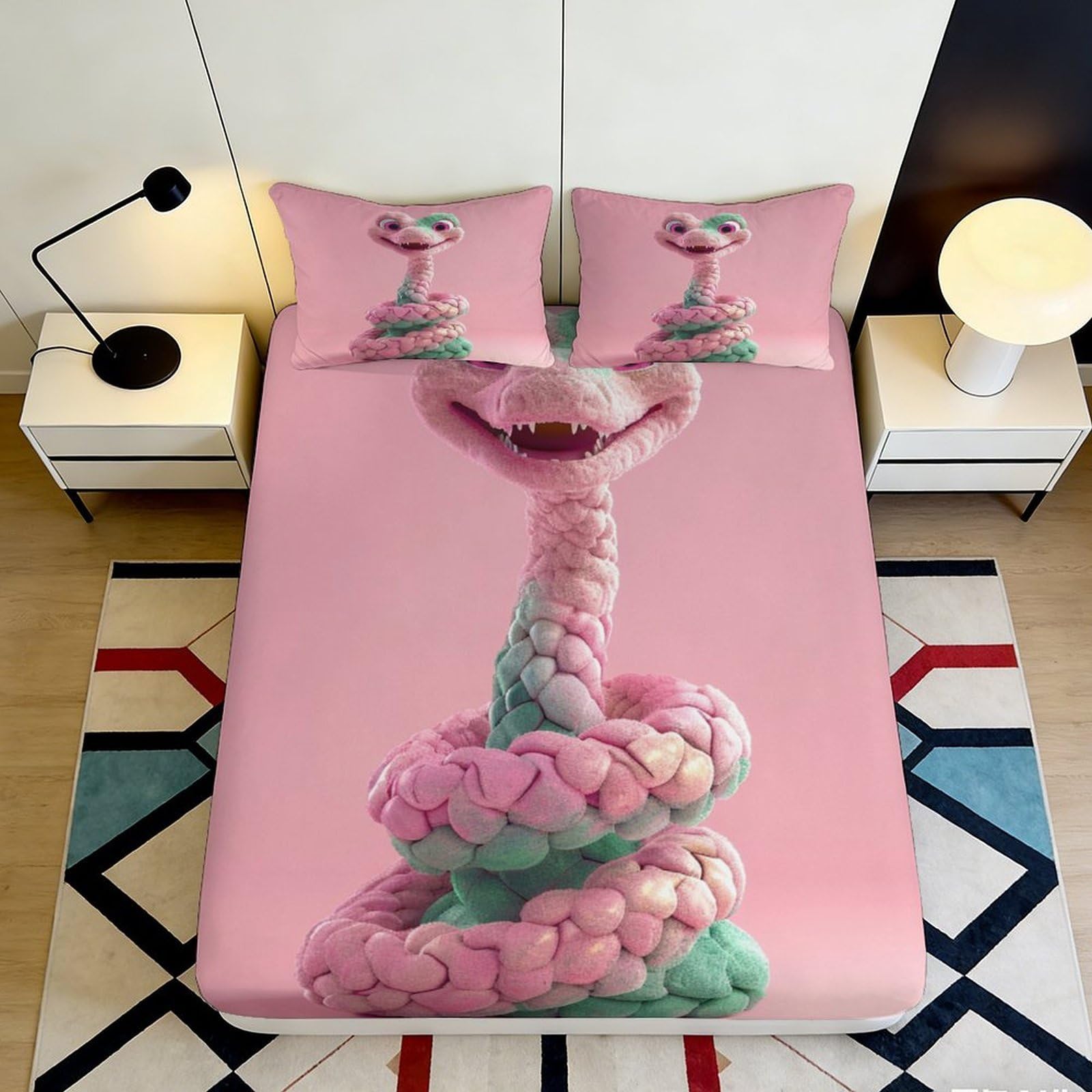 3D Printed Cartoon Pink Snake Fitted Sheet Microfiber Deep Pocket, Full Wrap Elastic Cartoon Snake Mattress Fitted Cover for Bedroom 200x200x25cm 90x200x25cm