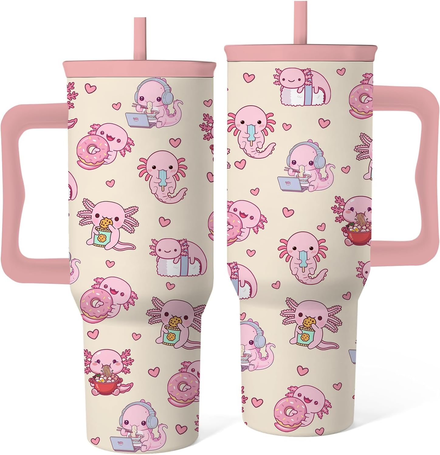Axolotl Tumbler 40 Oz, Axolotl Gifts For Women, Cute Axolotls Tumbler With Handle, Birthday Gifts For Axolotls Lovers, Pink Insulated Tumblers Cup