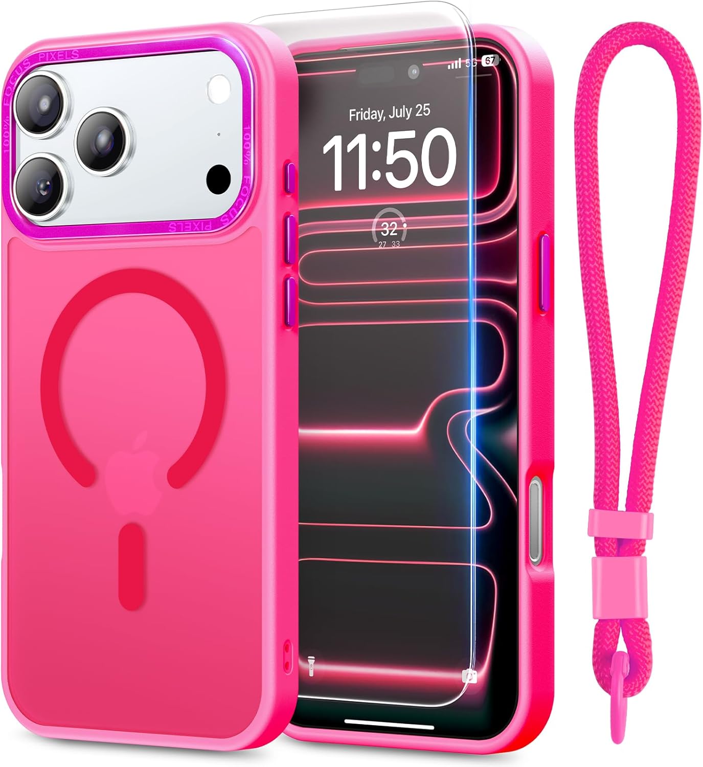 Stronger Magnetic & Shockproof for iPhone 17 Pro Max Case,Fit for MagSafe, with Screen Protector & Wrist Strap, Military-Grade Drop, Translucent Slim for iPhone 17 ProMax Case,Hot Pink iPhone 17 Pro Max 6.9" Hot Pink