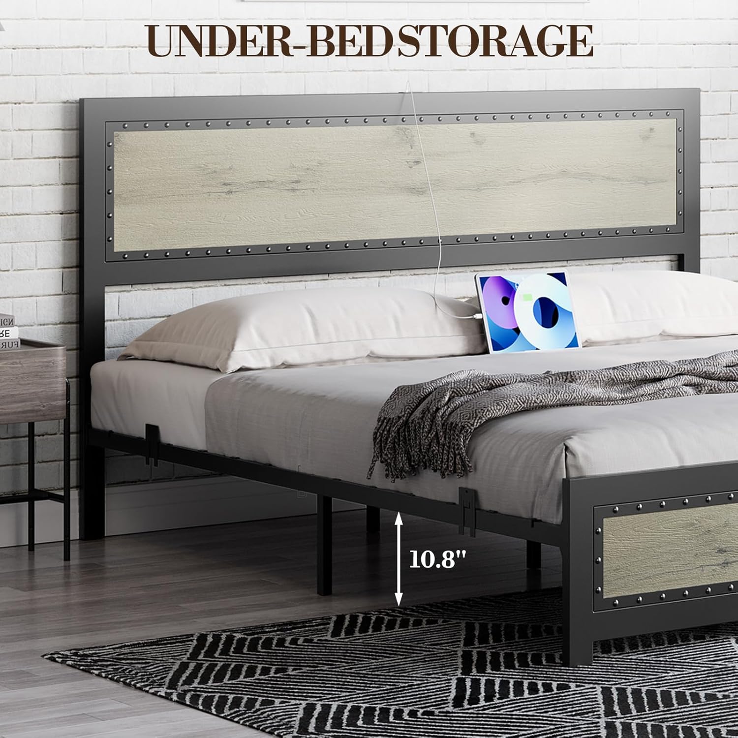 GAOMON Full Size Industrial Bed Frame with Headboard and Charging Station, Sturdy Metal Platform Bed Frame with Wood Accent, No Box Spring Needed, Easy Assembly, Wash Grey