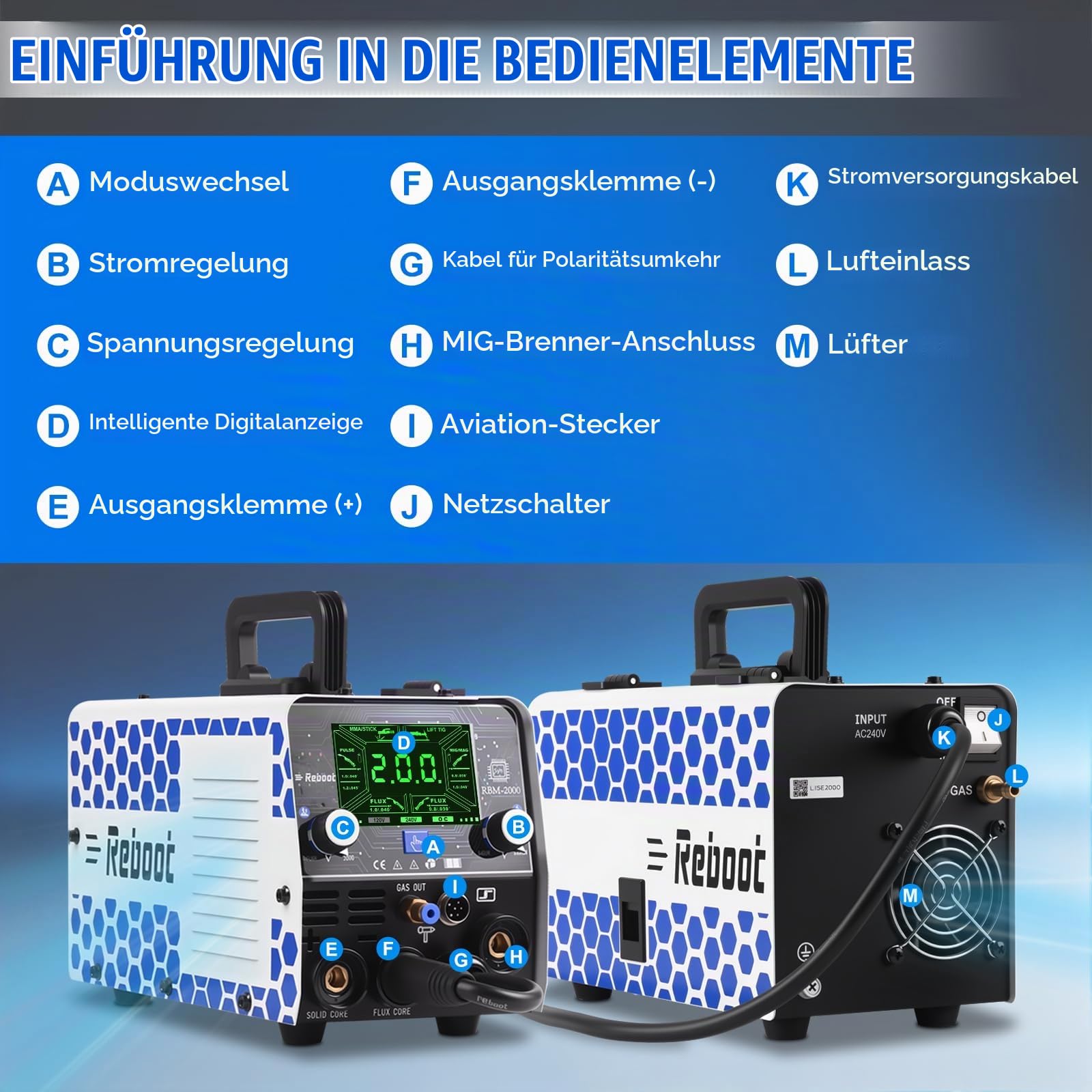 Reboot Schweißgerät 200A 5-in-1 Synergic MIG/MAG Aluminium-Upgrade (Spool-Gun) – Gas/Gaslos, TIG, Stick, Punkt – 240V tragbar mit LED Display für Heimwerker & Baustelle RBM2000G