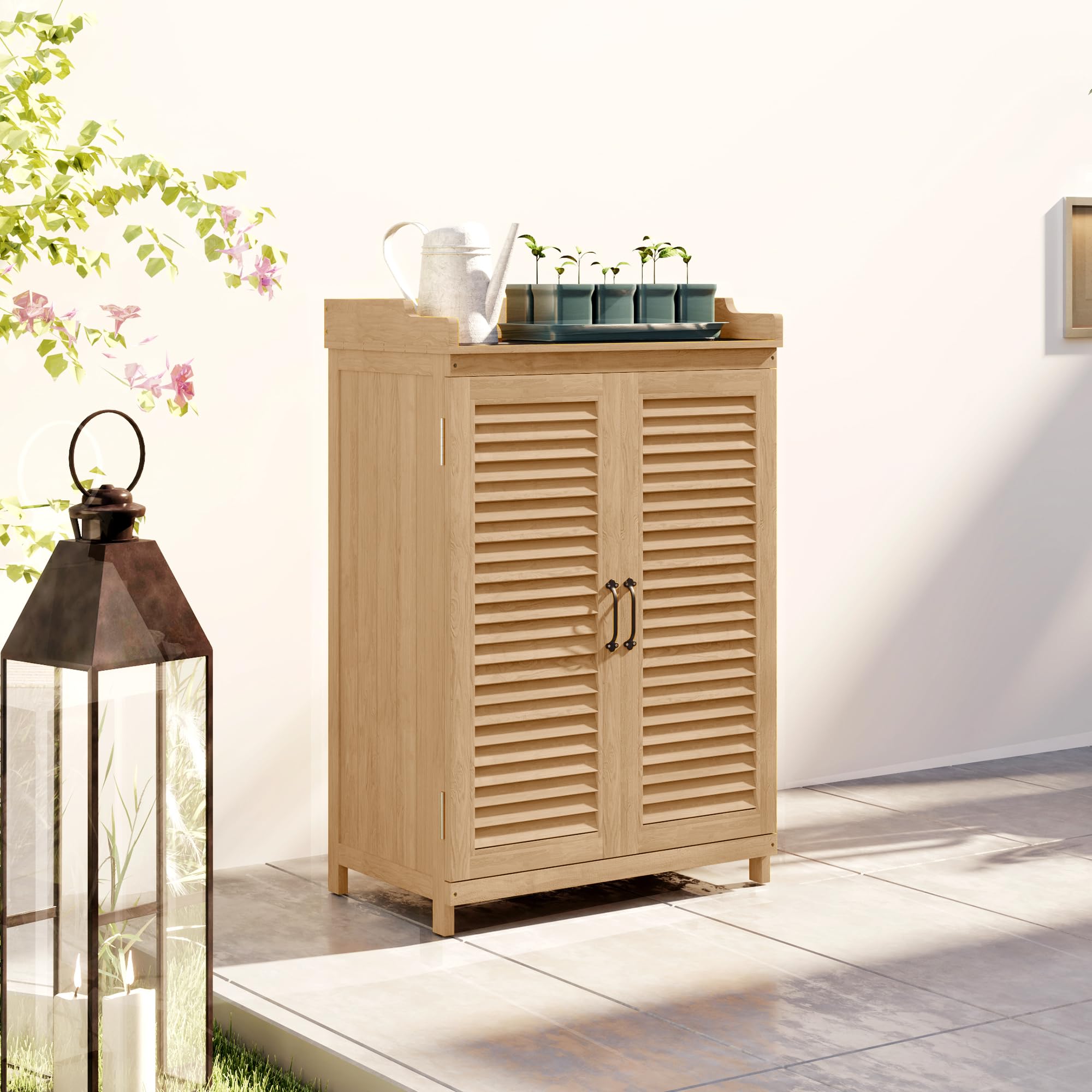 Outsunny Gartenschrank Holz, Geräteschuppen mit Arbeitsfläche, wetterfest Geräteschrank, 65,5x40x98,5cm, Gerätehaus mit Lamellentür, Ablagen, Werkzeugschrank Gartenschuppen für Garten, Terrasse, Gelb