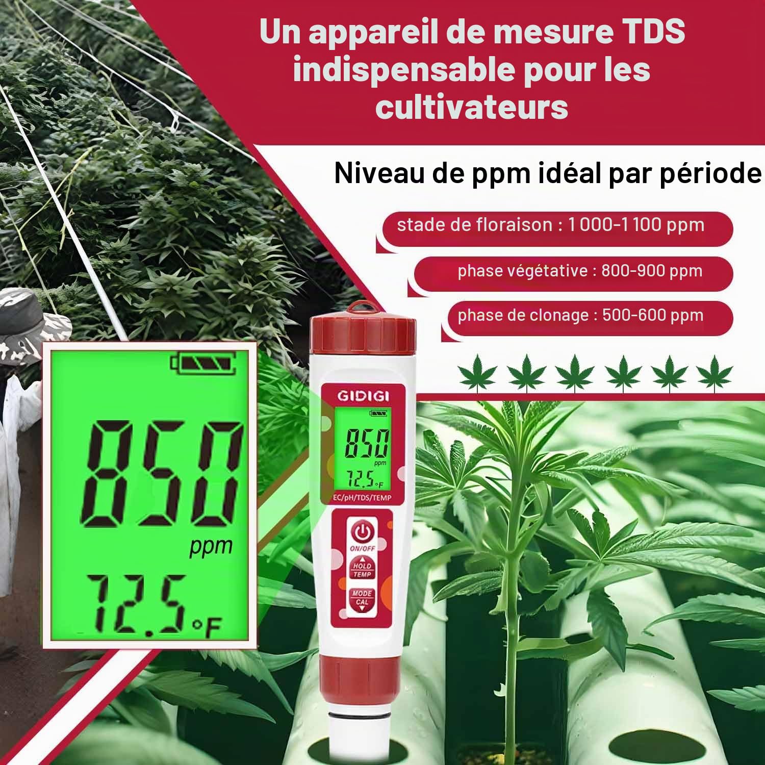 Compteur de pH, testeur de ppm hydroponique, compteur de pH ppm de nutriments, compteur numérique de température TDS EC pH et ppm pour l'eau, aquarium, piscines（manuel d'instructions en anglais）
