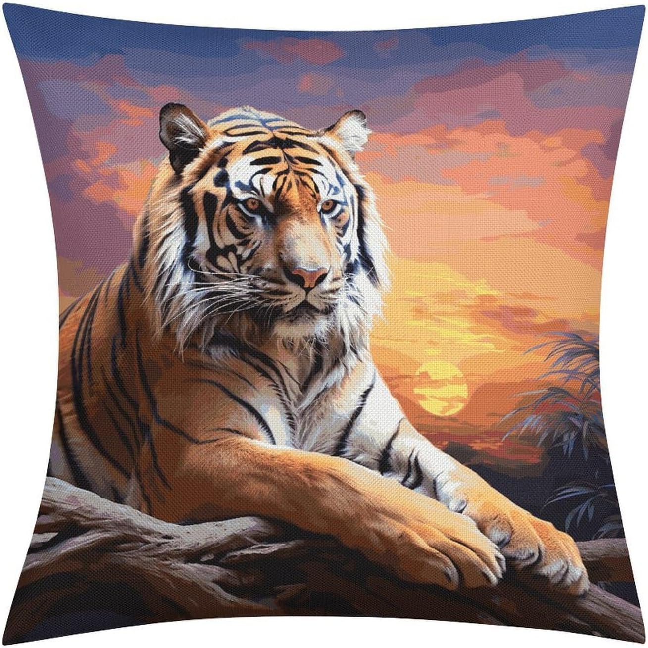 Tiger Colorful Sunset Pillow Protectors Cute Waterproof Pillow Cover Soft Skin-Friendly Cushion Case Decorative Square Cushion Cover for Couch Sofa Bed Living Room Bedroom