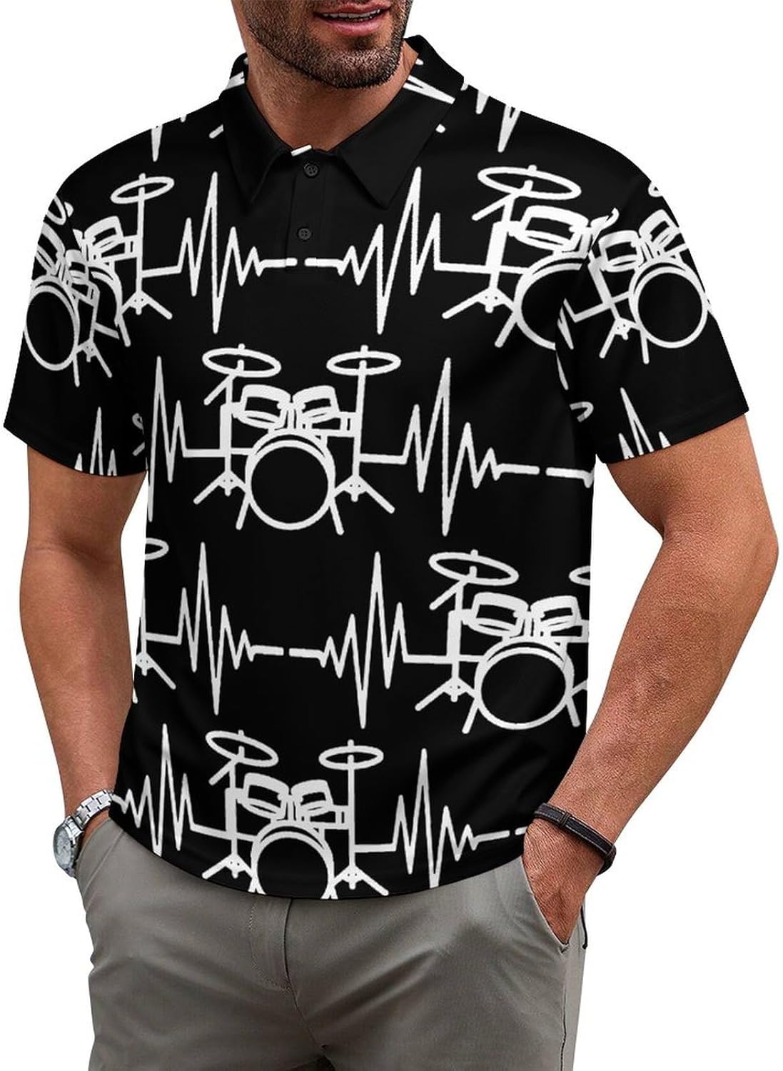Drums Heartbeat Mens Polo Shirt Short Sleeve Top Tee Casual T-Shirt