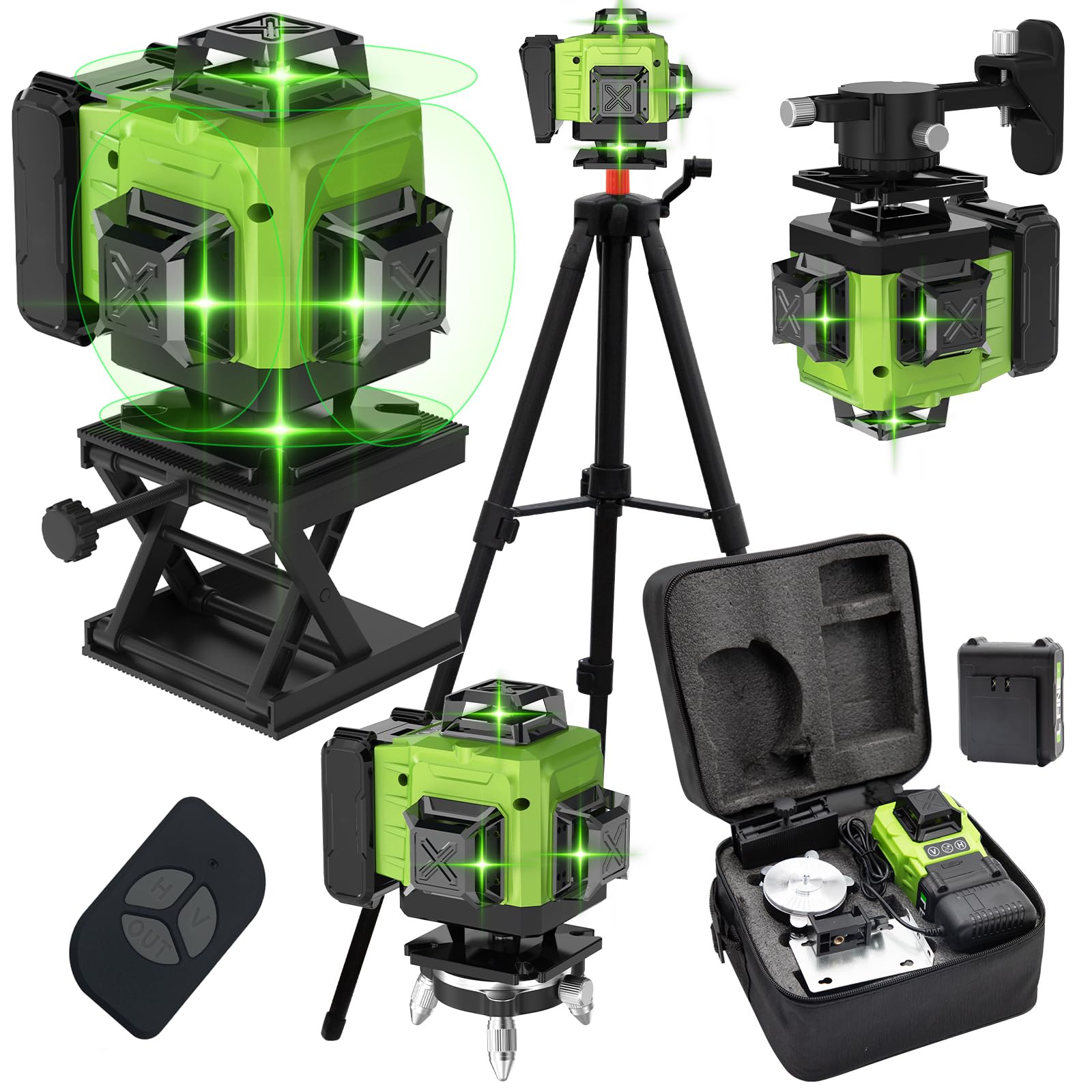 Nivel Laser Autonivelante 4 x 360°, 16 Líneas con Tripode, Nivel Láser de Línea Verde Cruzada Horizontal y Vertical para Interior y Exterior con 4800mAh Batería, Control Remoto, Pantalla LED