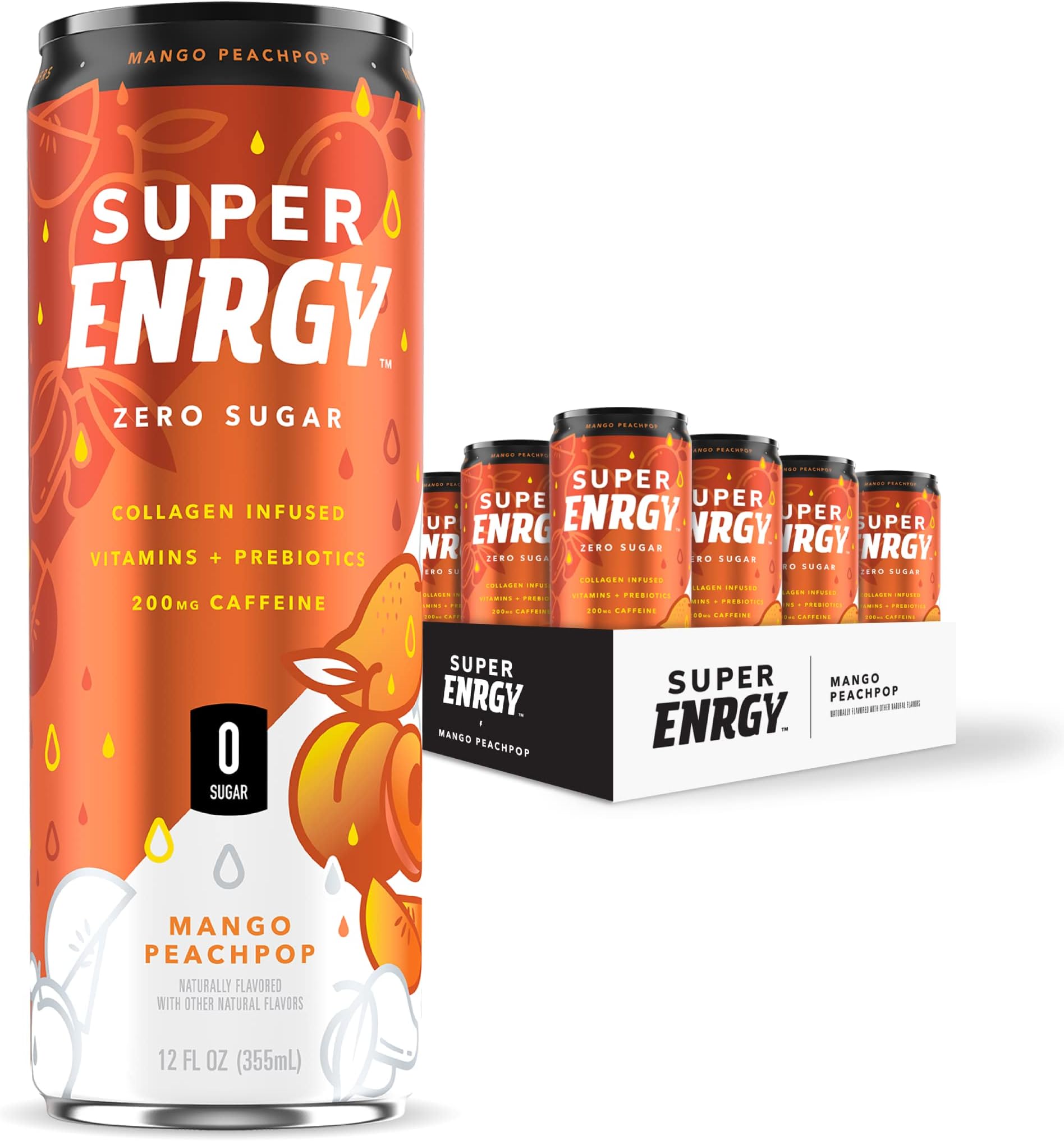 Super Coffee ENRGY Healthy Energy Drink, [Mango Peach Pop], (0g Sugar, 200mg Caffeine, No Artificial Sweeteners, Collagen Protein, Prebiotics, B Vitamins, 20 Calories), 12 pack | Sugar Free, Natural Energy, From the Makers of Super Coffee