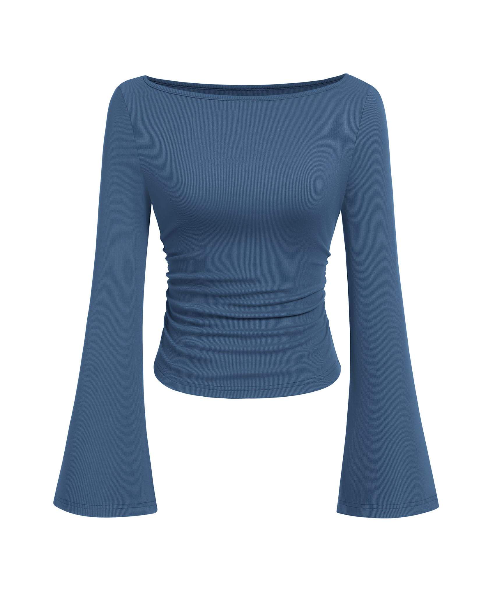 PRETTYGARDEN Womens Bell Long Sleeve Ribbed Knit Tops | Trendy Boat Neck Y2K Cropped Going Out Tops, Ruched Slim Fit Cute Garment Friendly Shirts, Fall Outfits, Fashion Clothing