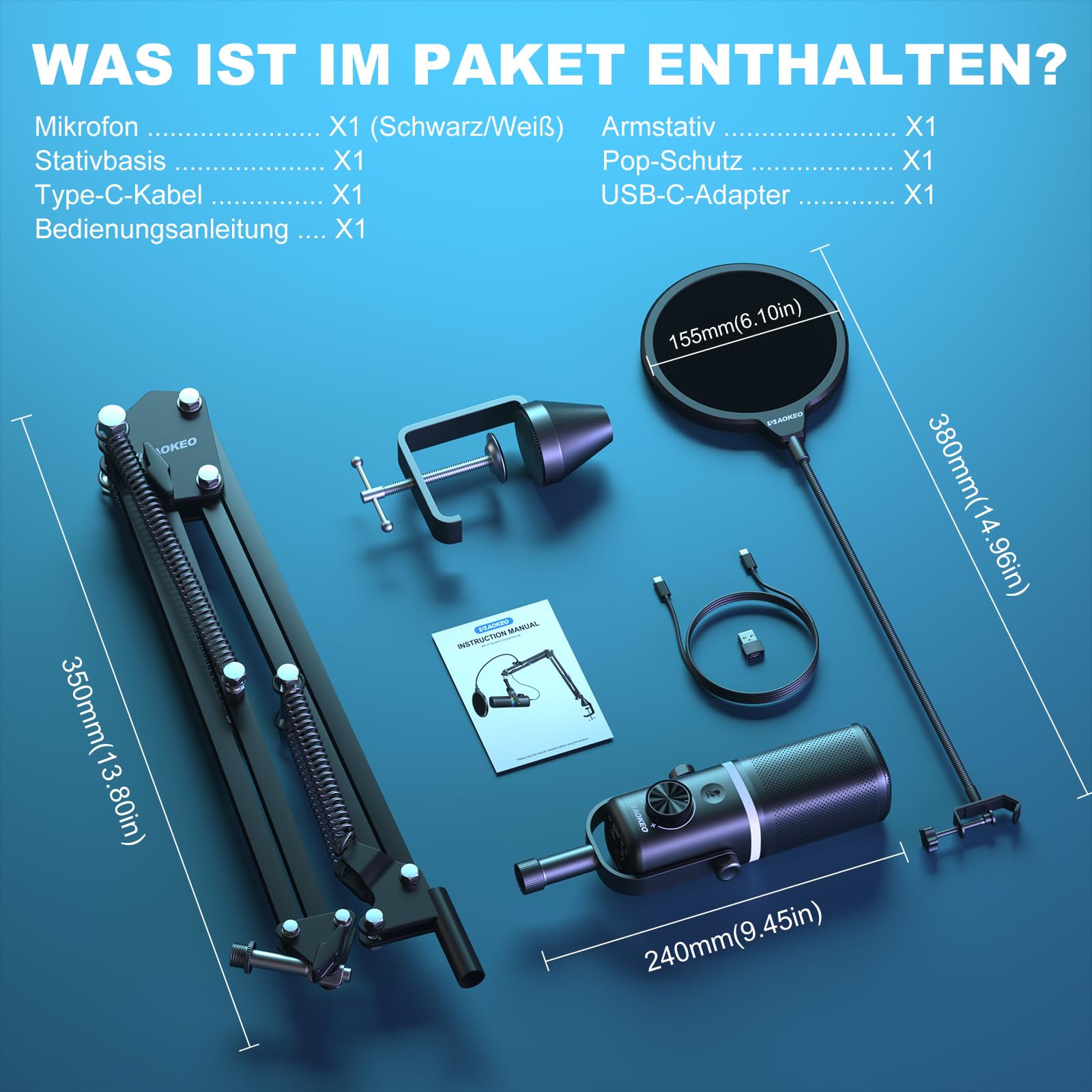 aokeo Mikrofon PC mit Mikrofonarm,AK-10 USB/XLR Dynamisches Gaming Mikrofon für Podcast,Streaming mit RGB-Beleuchtung,Lautstärkeregler,Stummschalttaste und Rauschunterdrückung (Weiß)