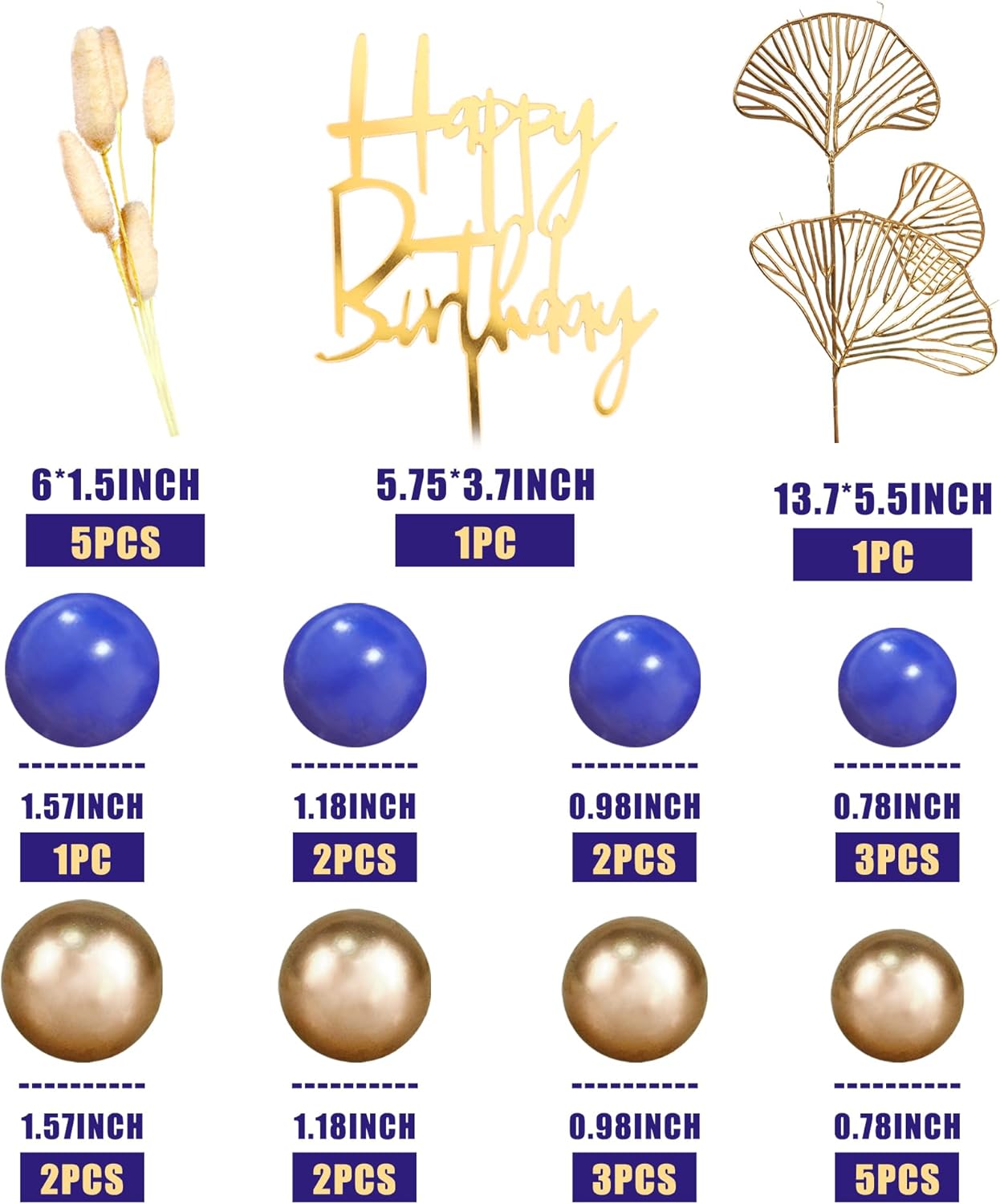 Boho Cake Topper Gold Blue Balls Cake Decorations Palm Leaves Boho Grass for Wedding Birthday (03)