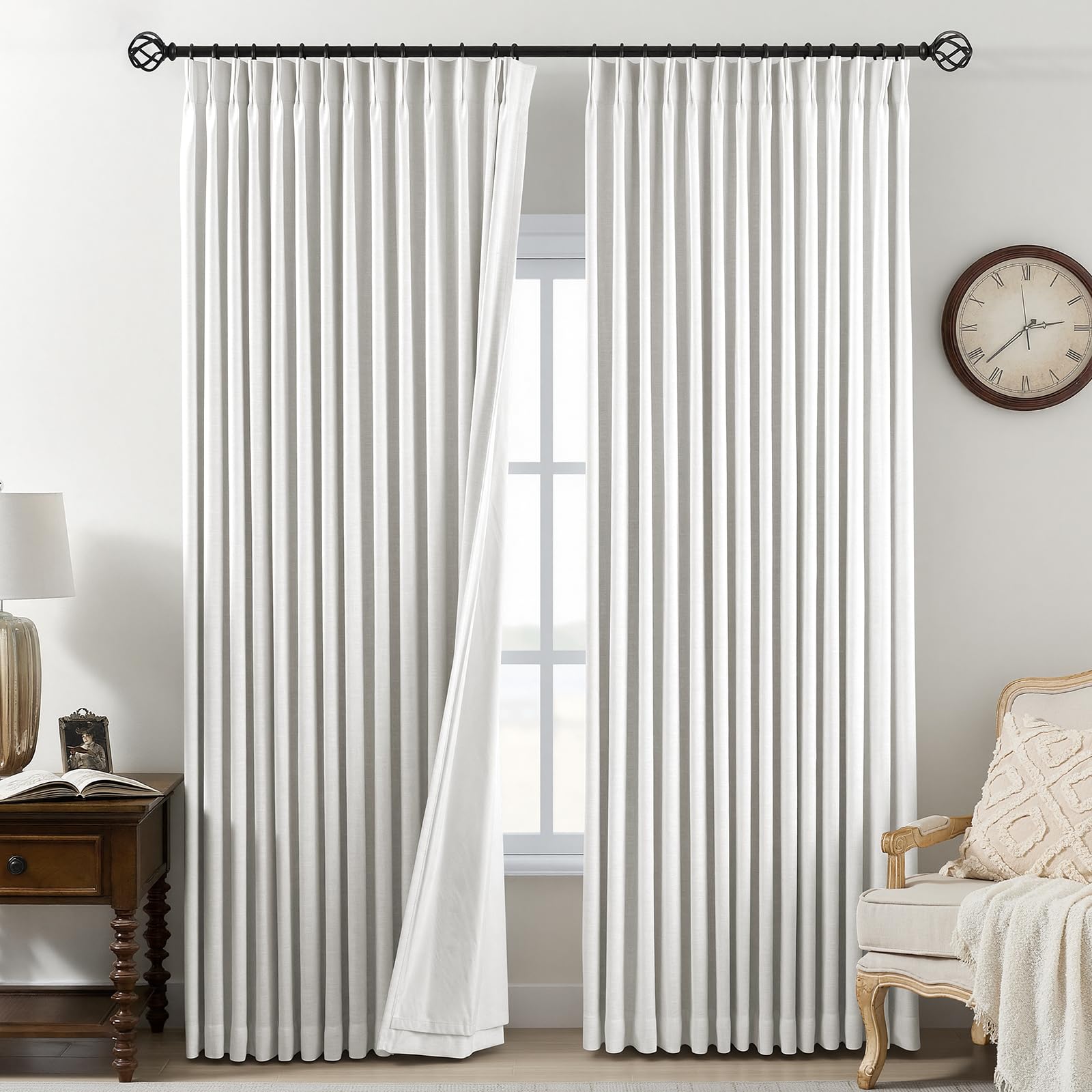Photo 1 of Pinch Pleated Curtains 100% Blackout Linen Curtains 95 Inches Long for Bedroom Living Room, Ivory White Memory Trained Thermal Insulated Room Darkening Window Drapes with Hooks 2 Panels 40"Wx95"L