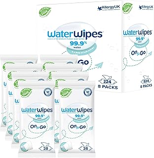 WaterWipes On The Go 8x28pk Multipack, Ideal for Travel, Designed for Face & Body, 99% Water-Based Wet Wipes