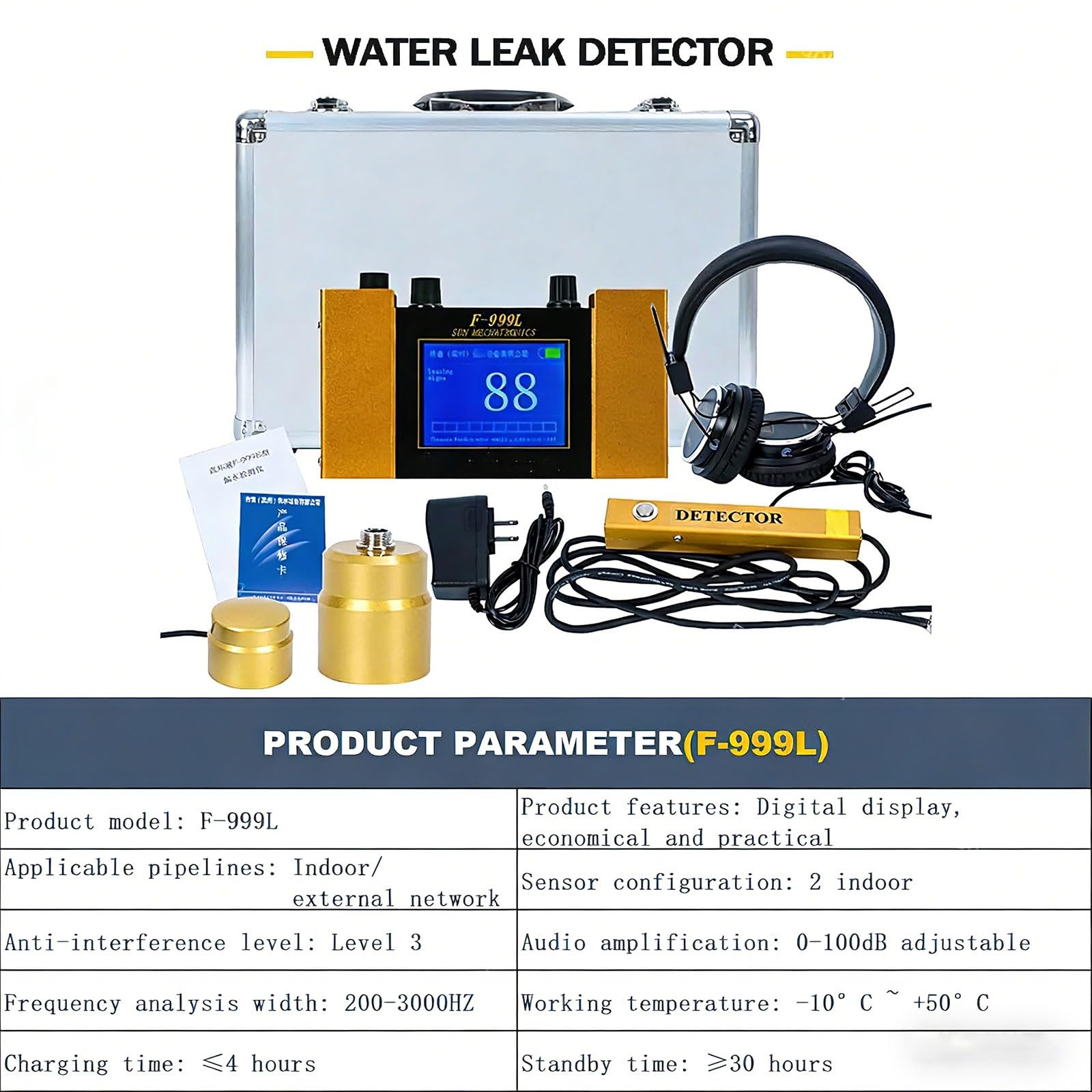 Rilevatore di perdite d'acqua con auricolare e frequenza regolabile per ispezione di tubi e impianti di riscaldamento