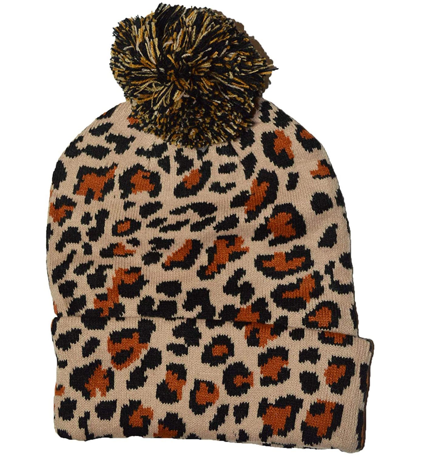 Kgm Accessories Women's Brown Cool Knitted Leopard Bobble Hat - Animal Print Hats (Brown)