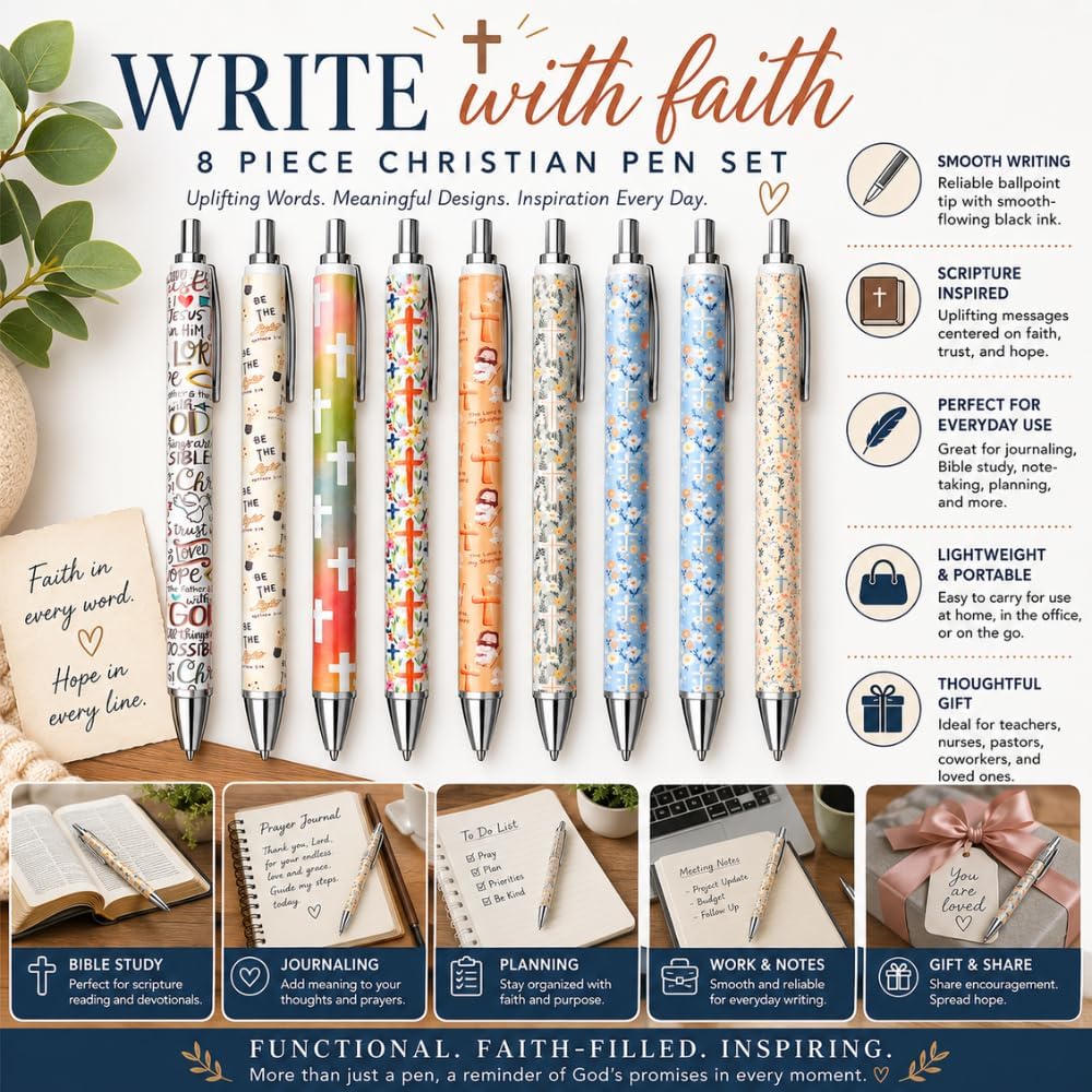 8PC Christian Pens Aesthetic Black Ink Inspirational Faith Trust Devotional Motivational Pray Pen Scripture Uplifting Sayings Bible Study Supplies Writing Journaling Gifts For Men Women Teachers image 2