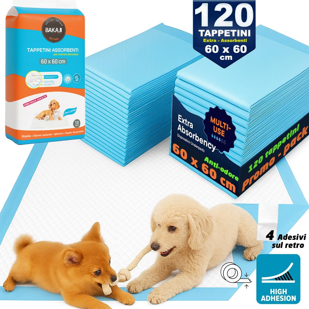 BAKAJI 120 Traversine per Animali Super Assorbenti Blu, Tappetini Extra Large Igienici Anti Perdita per Cani, Gatti, Conigli, Multiuso, Teli per Pipì, Traversina Asciugatura Rapida (60 x 60 cm)