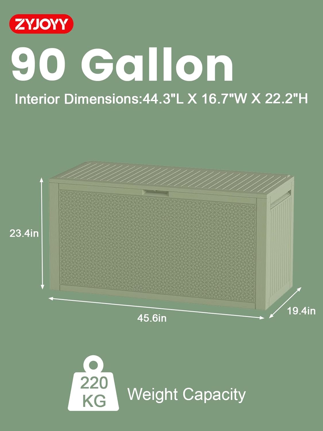 ZYJOOY 90 Gallon Outdoor Deck Storage Box, Lockable Waterproof Outdoor Storage Box, Resin Weather Resistant Container for Garden Tools, Indoor Cushions, Outdoor Accessories (Olive Green)